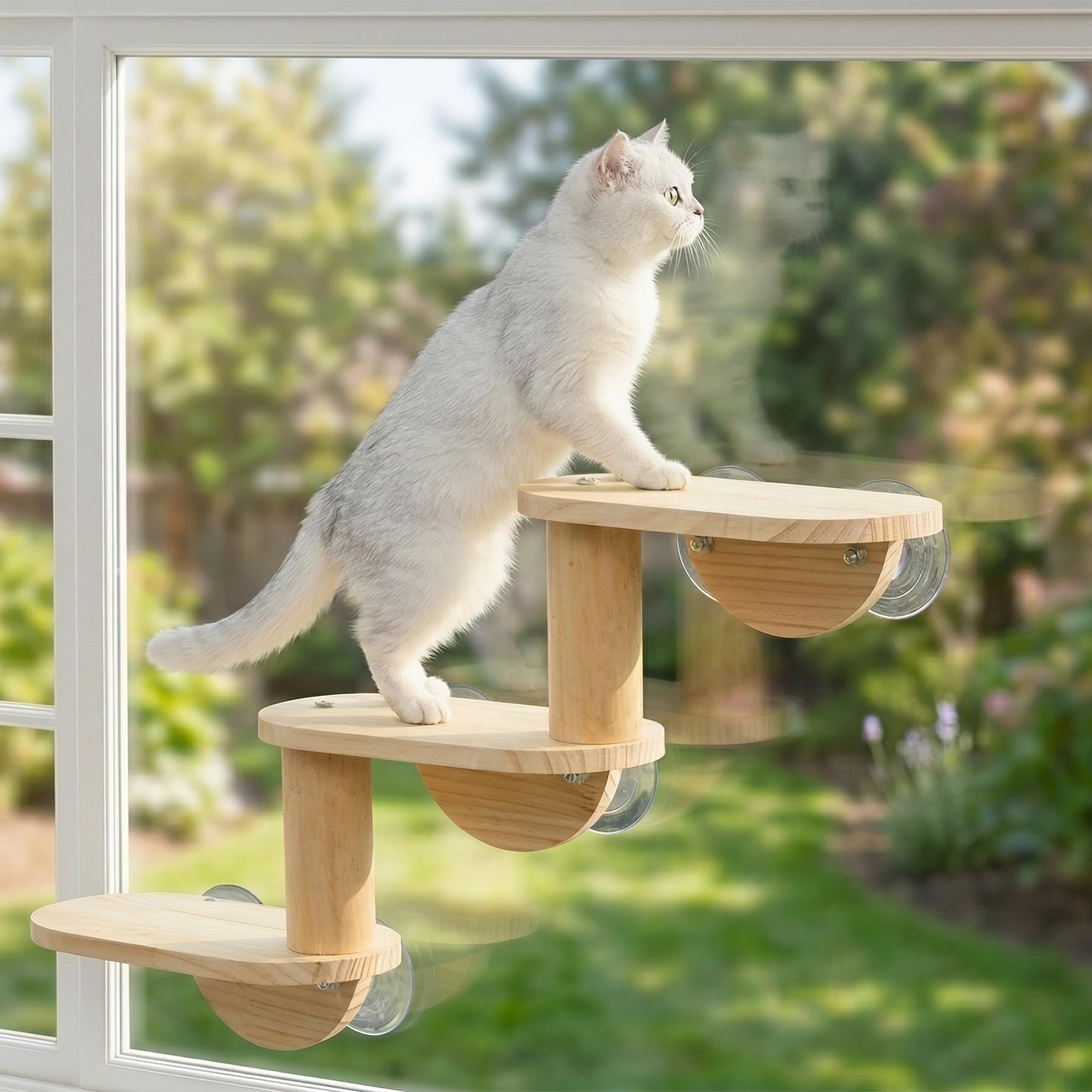 HAPYKITYS Cat Window Ladder 3-Levels for Indoor Cats Climbing Wood Window Shelf Cats Play and Watch Birds