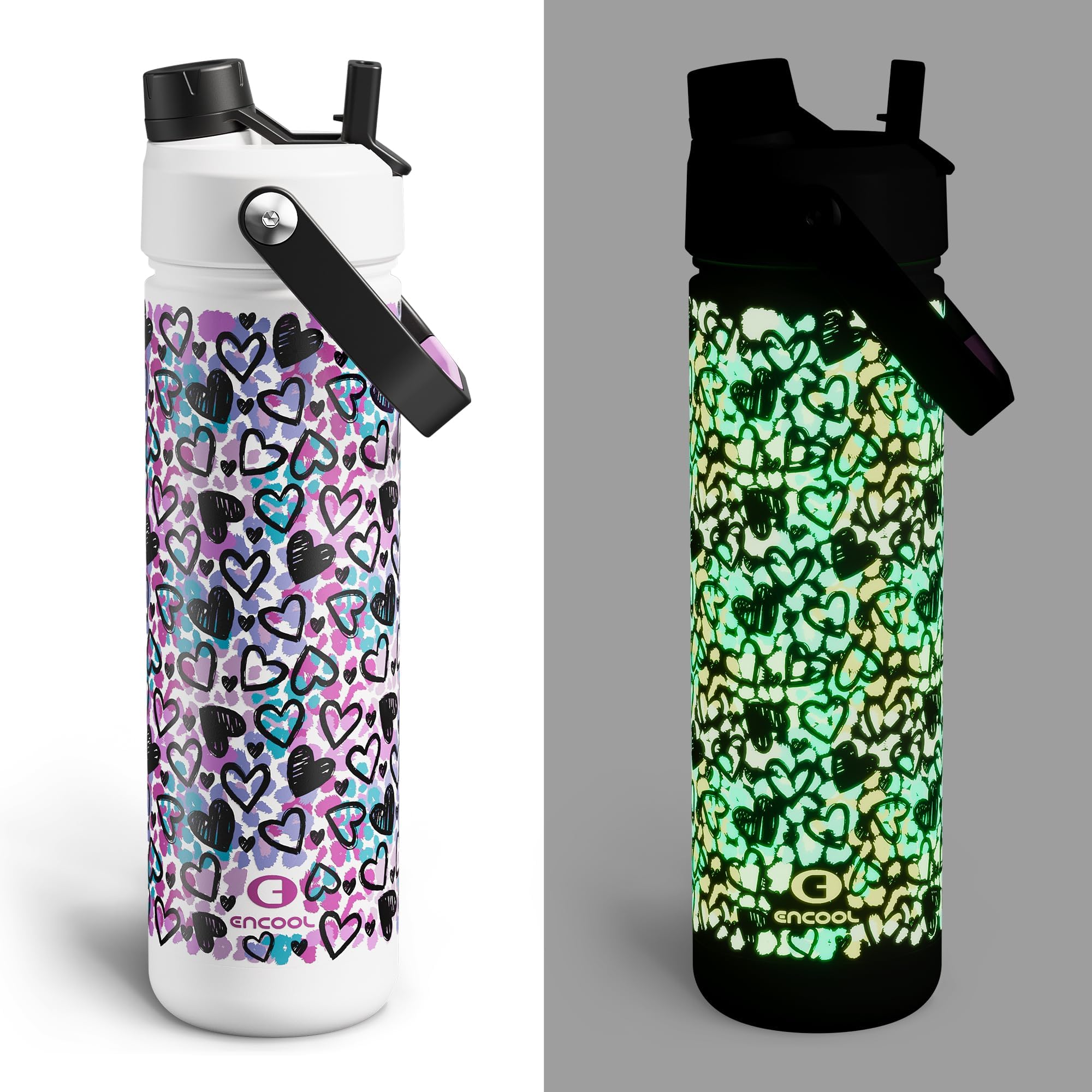 ENCOOL Insulated Water Bottle with Straw Stainless Steel Water Bottle, Glow in the Dark, Leak-Proof, BPA-Free, Keeps Cold for 24 Hours for Sports, Travel, School (26 oz, Graffiti Hearts)