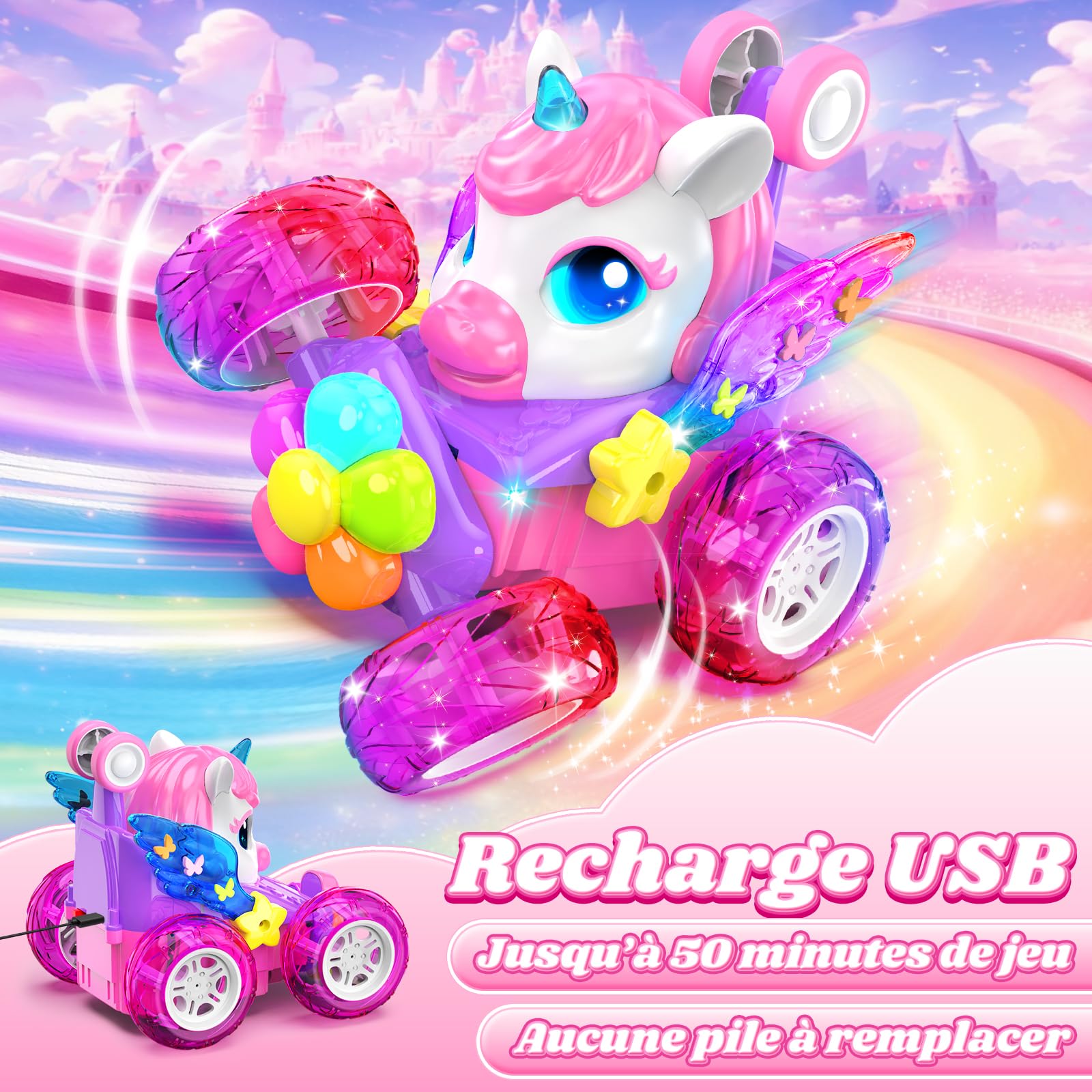 Kidluna Voiture Telecommandé Enfant RC Stunt Car avec Lumière LED & 360° Rotation, Licorne Jouet Fille 3-12 Ans Voiture Télécommandée Cadeau Fille 3 4 5 6 7 8 9 10 11 12 Ans Jeux Exterieur Enfant