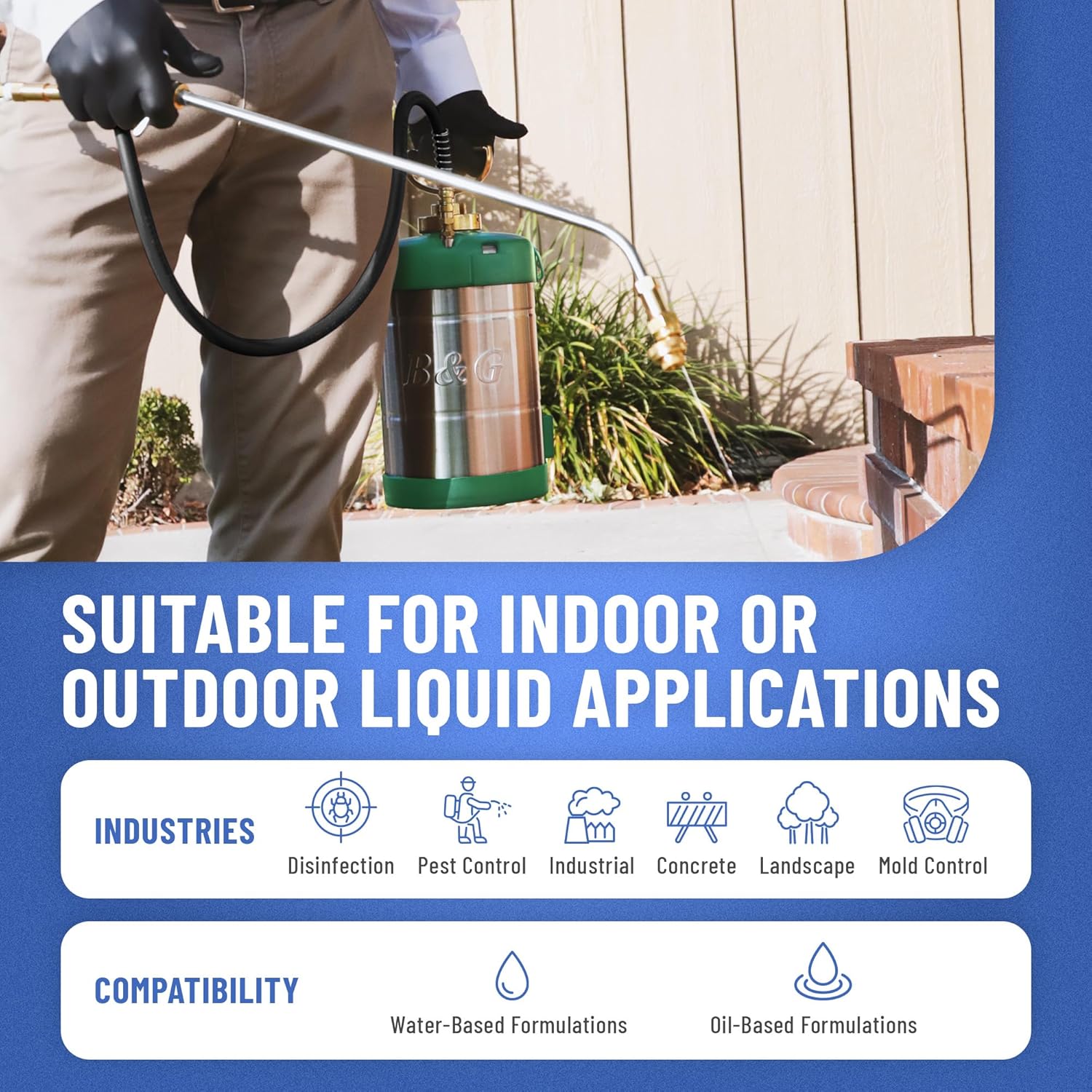 B&G - Primeline 1 Gallon Stainless Steel Sprayer (N124-CC-18 Green) - Extenda-Ban Valve - 18" Brass Extension - 4-Way Crack & Crevice Tip - Durable, Precise, Field Repairable