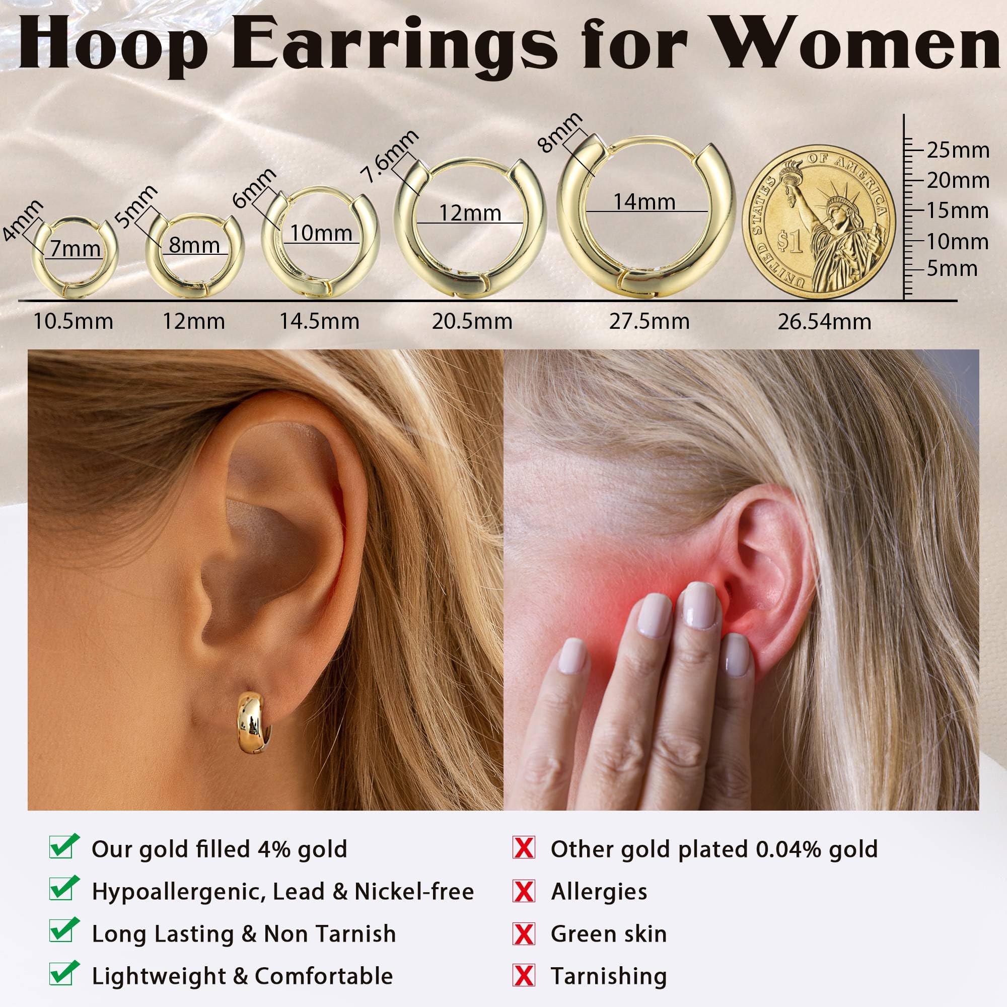 ZXLIHS Kleine klobige Creolen mit 14-Karat-Vergoldung für Damen, trendig – hypoallergene Knorpel-Ohrring-Sets für Dicke Creolen-Ohrring-Stapel, zierlicher versilberter Schmuck