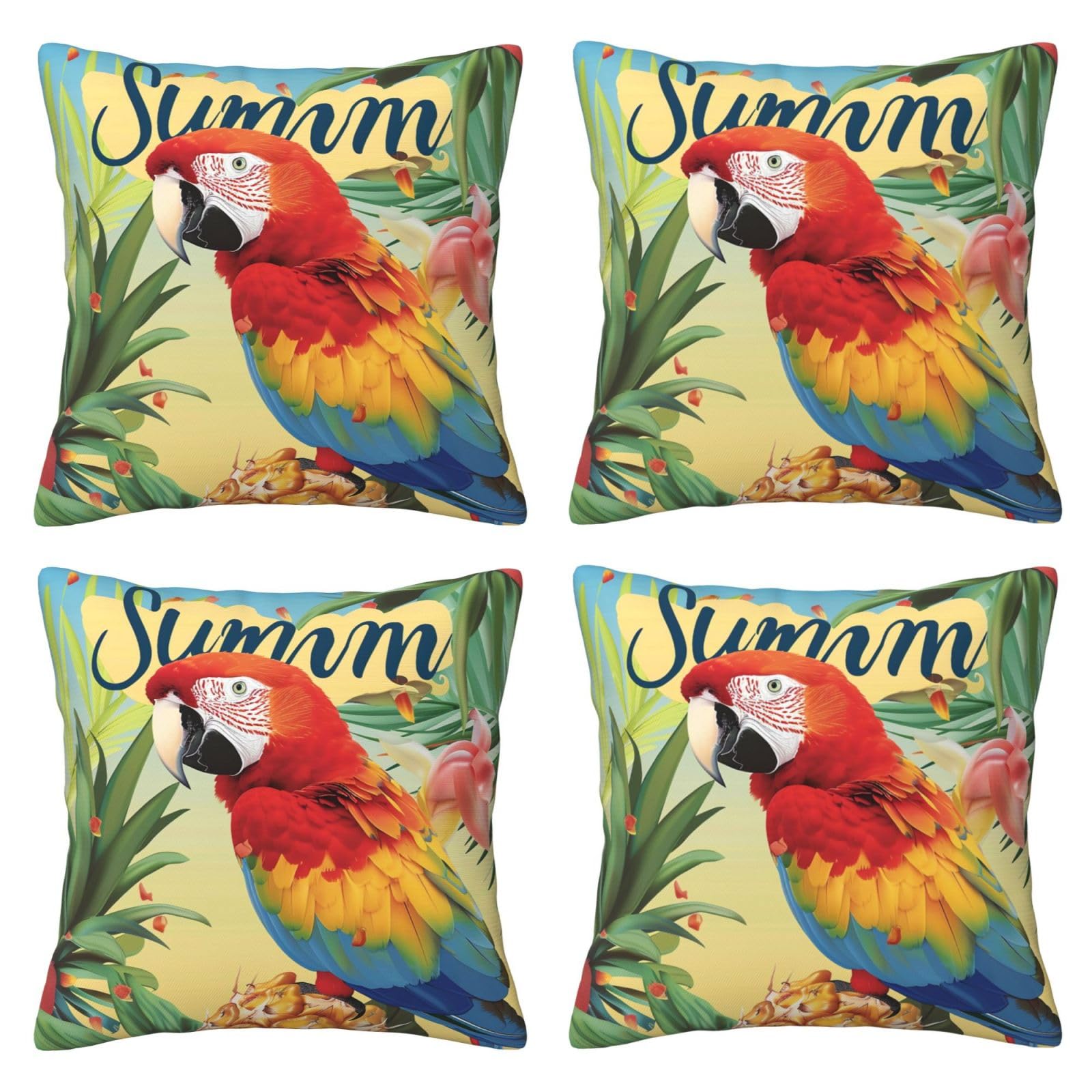 Summer Parrot Pineapple Bird Throw Pillow Cases 4 Pack Square Pillowcases Super Soft Pillow Protectors With Zipper for Couch Livingroom Sofa Bed Office Car,30x30 CM