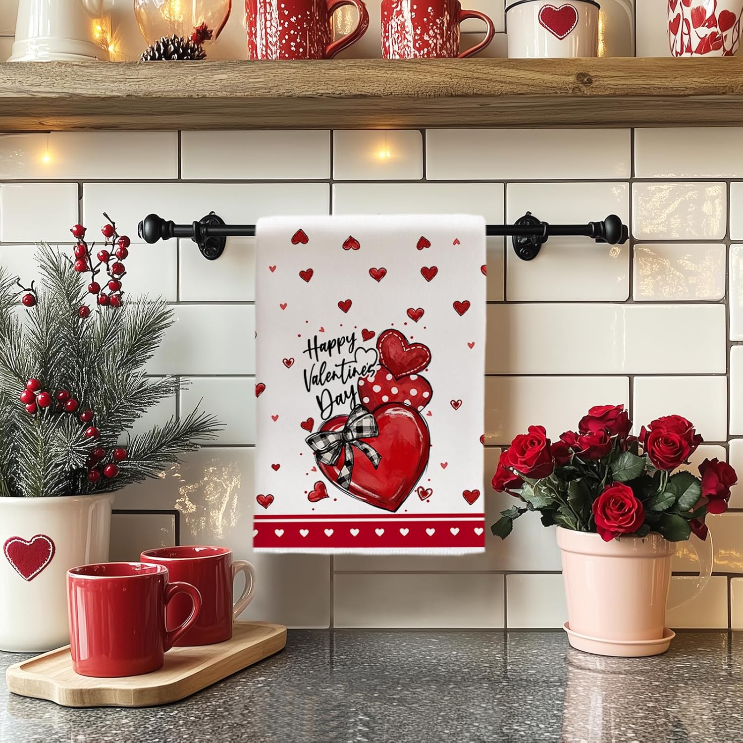 ARKENY ハッピーバレンタインデーキッチンタオル 2枚セット レッドハート ラブディッシュタオル 18x26インチ 乾燥ふきん、