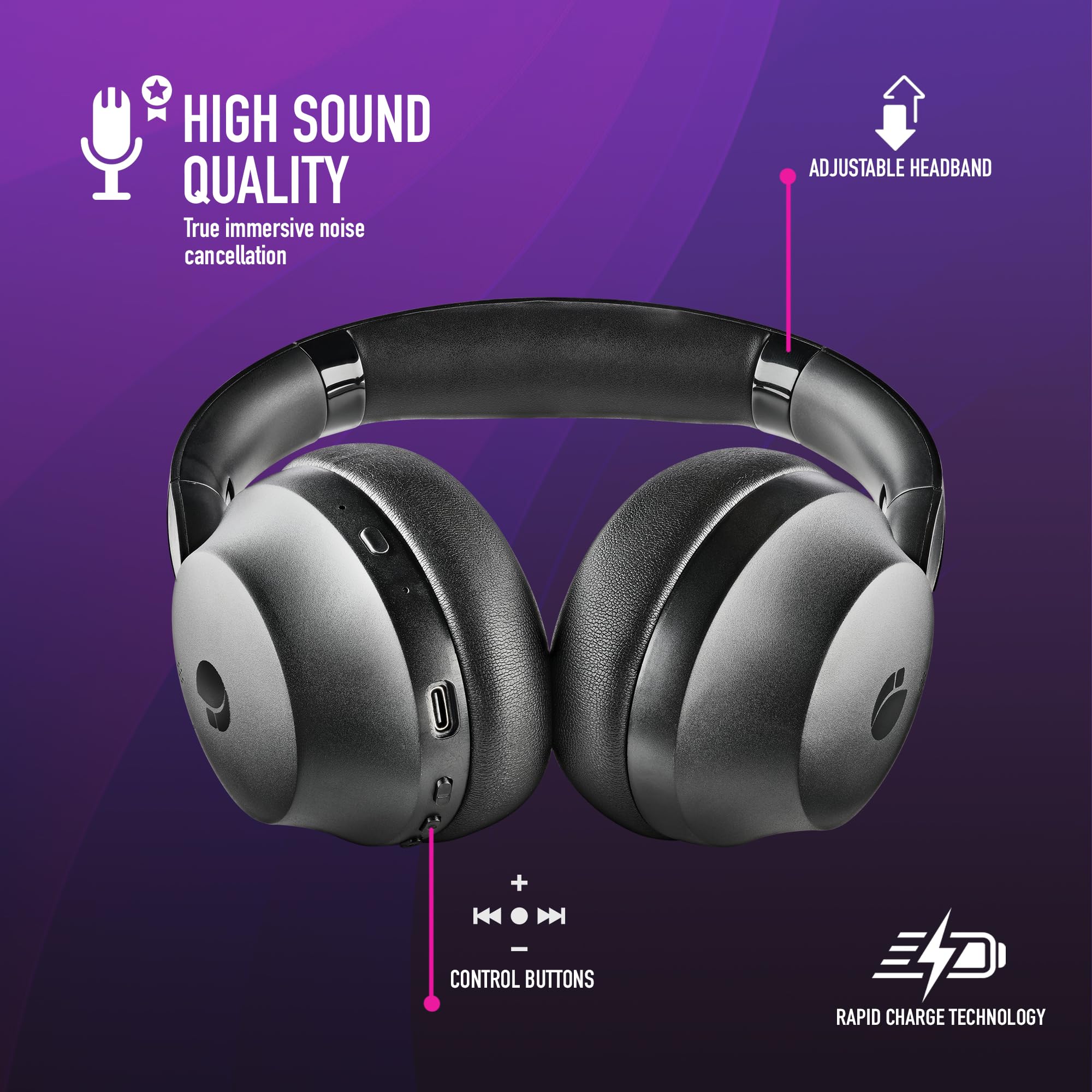 NGS Artica Shake - Cuffie wireless, cuffie compatibili Bluetooth, archetto regolabile, cuffie girevoli, tecnologia di riduzione del rumore ANC, microfono integrato, nero