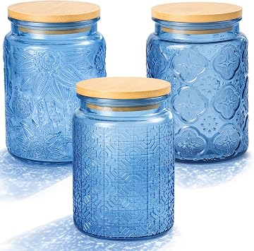 3-Pack 700ml Glass Jars with Bamboo Lids, Airtight Vintage Glass Storage Canisters for Kitchen Pantry Coffee Sugar Tea Flour Snacks Blue