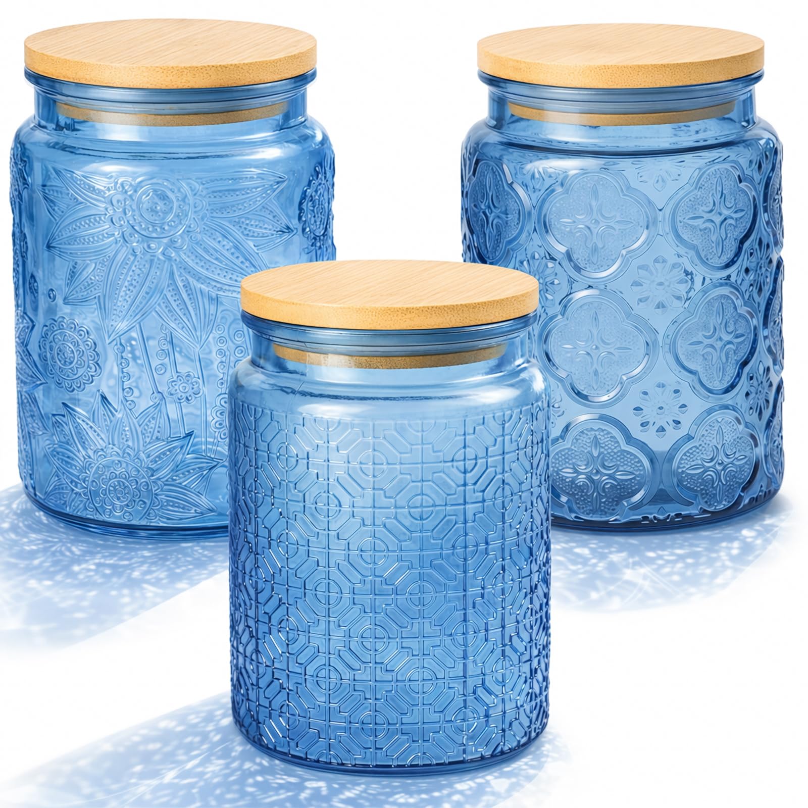 Tel Charme * 3-Pack 700ml Glass Jars with Bamboo Lids, Airtight Vintage Glass Storage Canisters for Kitchen Pantry Coffee Sugar Tea Flour Snacks (Blue)