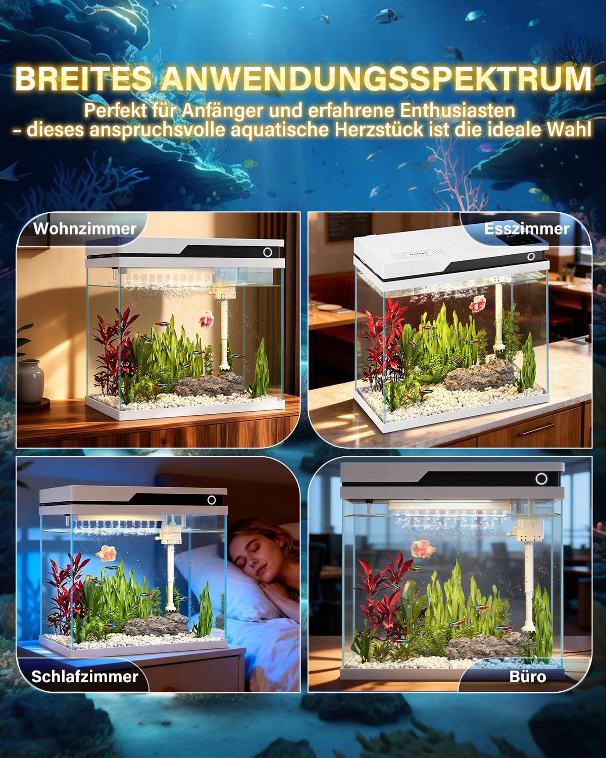 Vehipa Petit Aquarium 26L, Aquarium Complet Débutant avec Distributeur Automatique de Nourriture, humidificateur, Pompe silencieuse 4 en 1, Affichage de la température et éclairage réglable