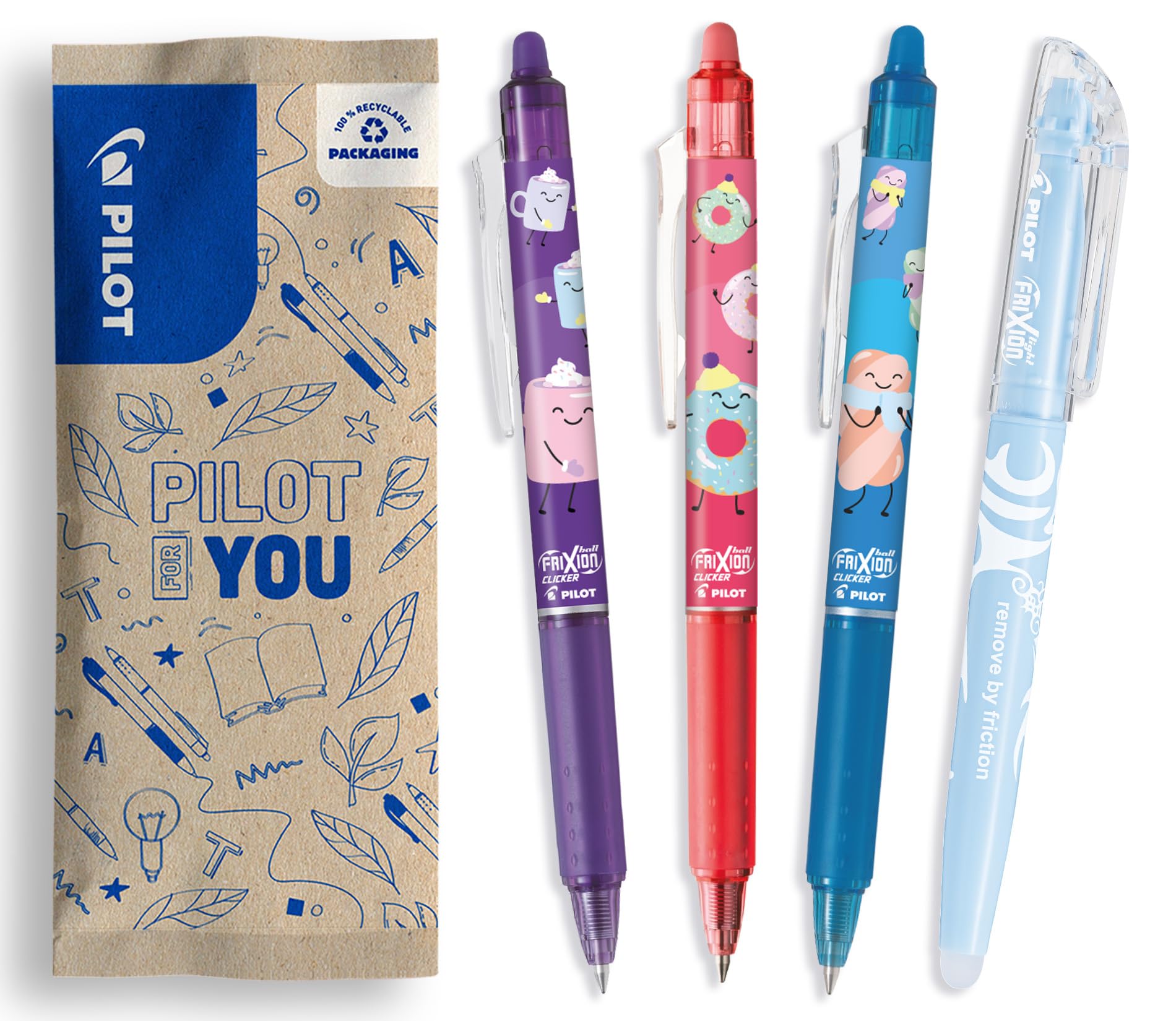 PILOT Box of 3 FriXion Ball Clicker + 1 FriXion Light Marker Pen - Erasable Pens - Limited Edition Sweet Paradise - Refillable Pens - Blue Ink - Medium Point