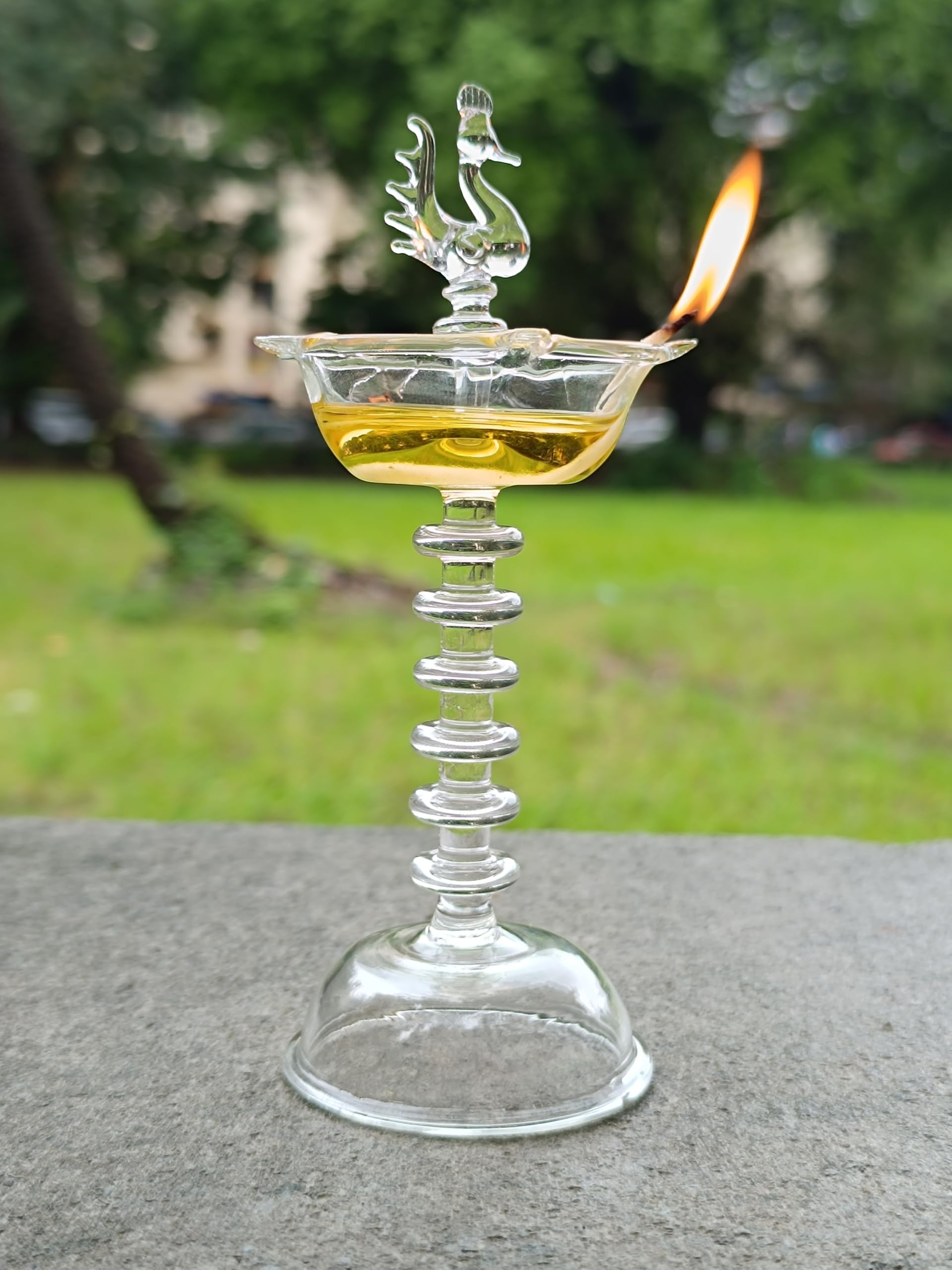 Sai's Borosilicate Glass Peacock Ring Samai | Traditional Oil Lamp | Nilavilakku Diya | Kuthu Samai | Samay Diya | Diyas for Pooja | Gift Items | Height- 5.5 Inch
