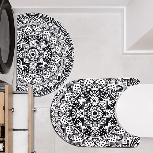 Alfombra de baño bohemia media redonda en blanco y negro y alfombra para inodoro en forma de U (2 unidades), juego de alfombras de baño bohemias de