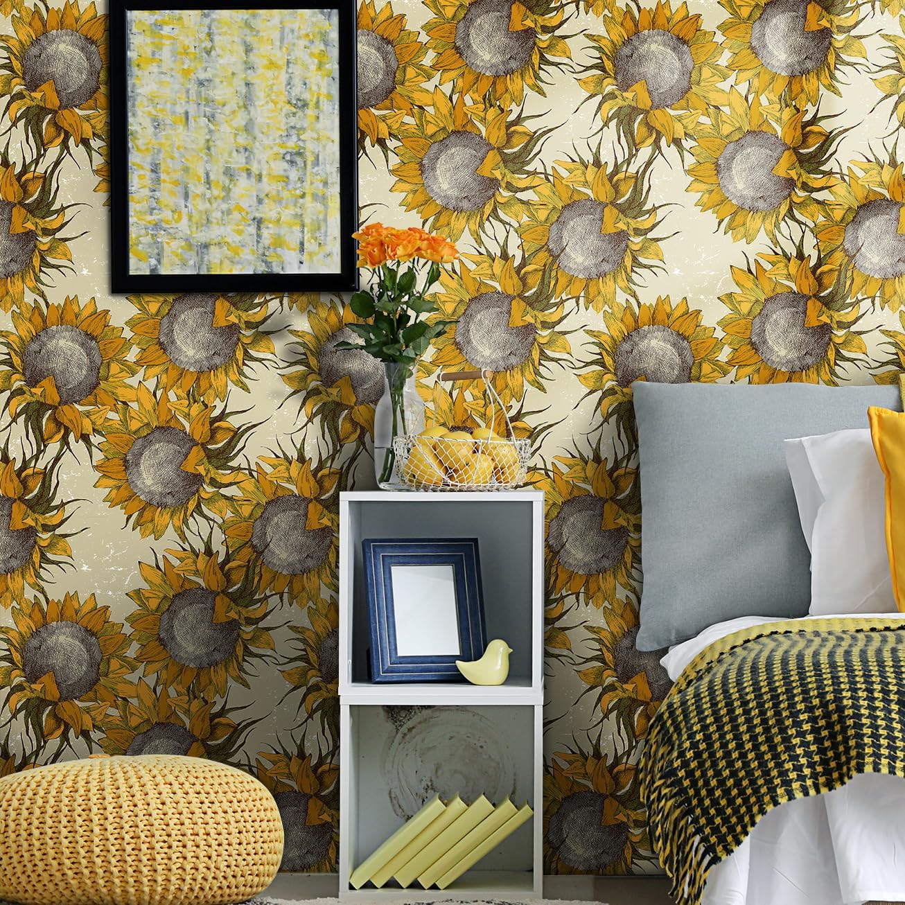 Livelynine 17.5x591 Retro Floral Wallpaper Peel and Stick Vintage Kitchen Wall Paper Sunflower Mural Renter Friendly Boho Contact Paper for Walls Cabinets Shelf Removable Sun Flowers Yellow Black