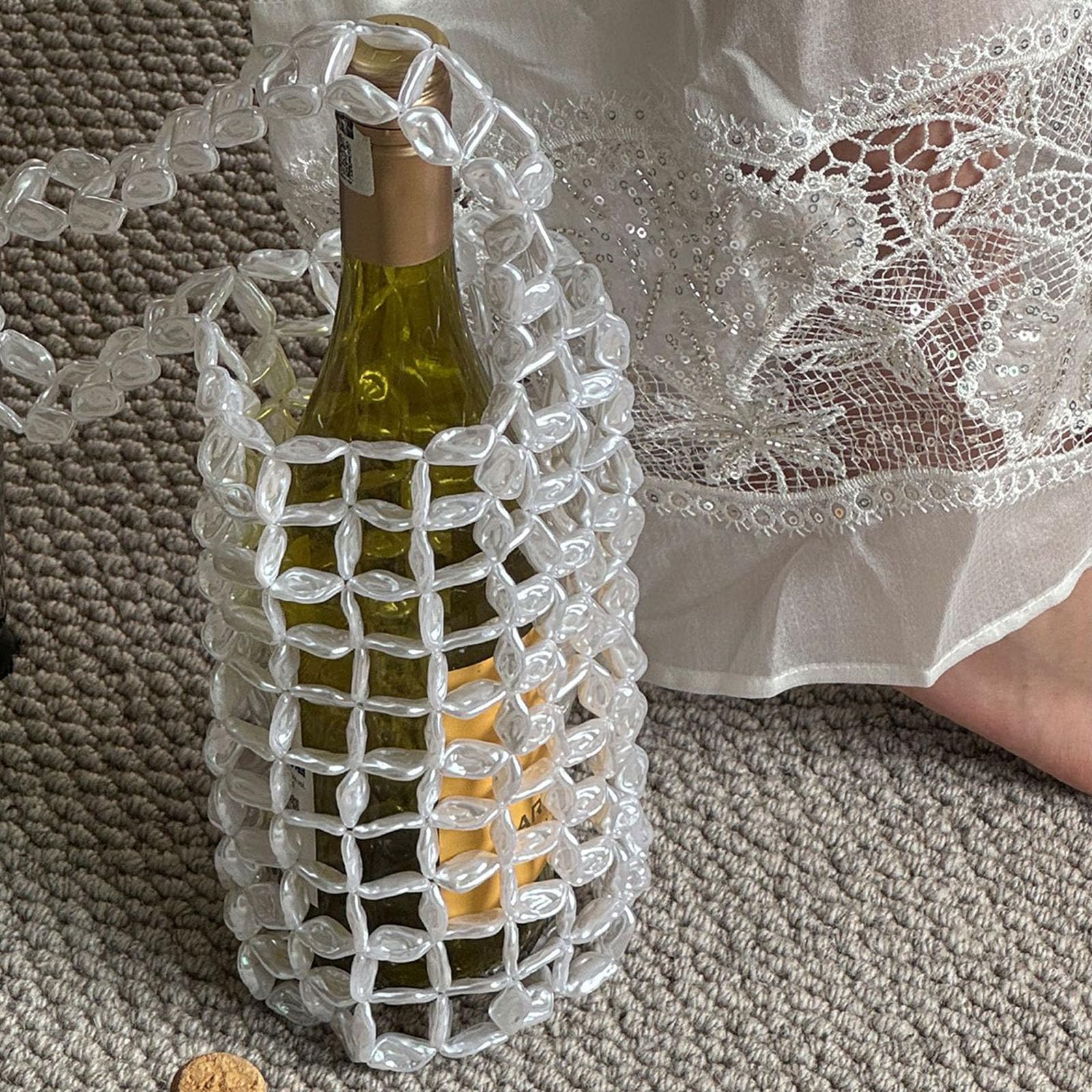 Borsa per bottiglia vino in tessuto, Borsa per bottiglie singole a aperta con doppi manici, Portabottiglie intrecciato a mano per picnic e feste, Borsa per vino in tessuto 16, 54 x 4, 33 Borsa