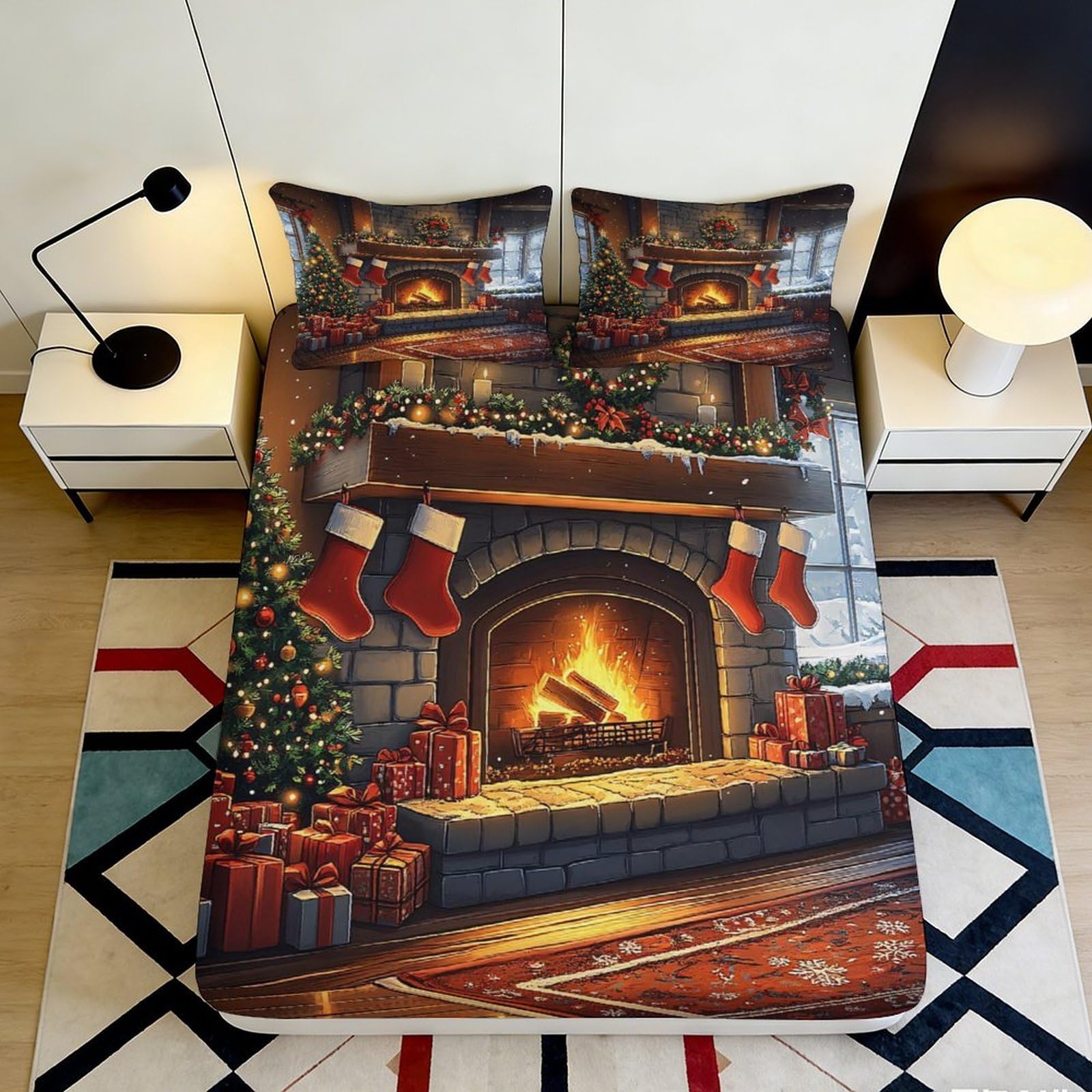 3D Printed Christmas Fireplace Fitted Sheet Microfiber Soft Breathable Holiday Bed Cover for Bedroom Dormitory Guest Room Mattress Protection 200x200x25cm