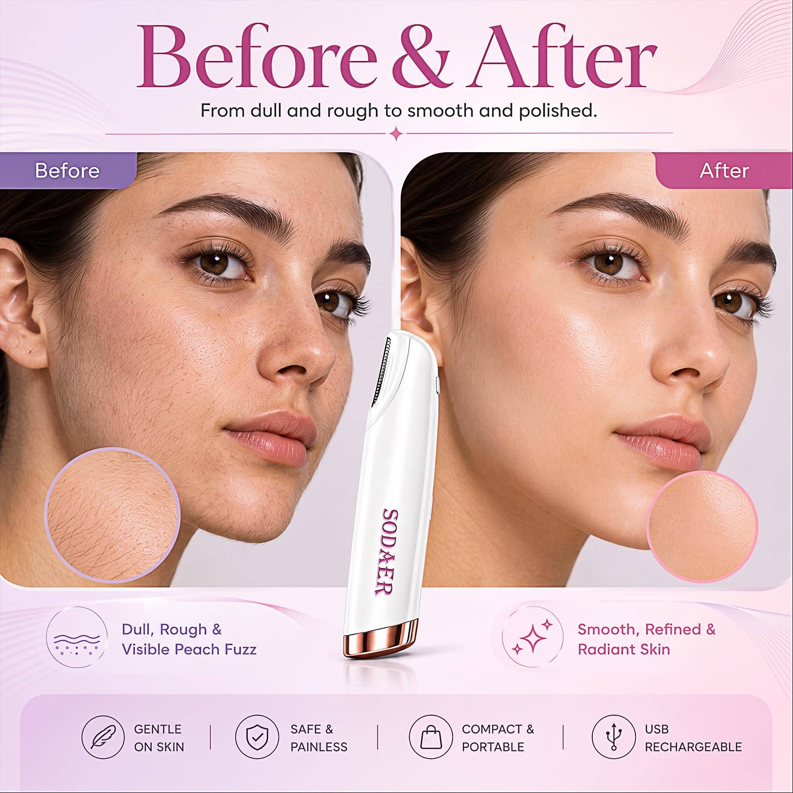 Sonic Dermaplaning Rasoir pour femme, épilateur facial avec lumière LED, blanc