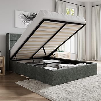 SHA CERLIN Full Size Lift Up Storage Bed/Modern Wingback Headboard/Upholstered Platform Bed Frame/Hydraulic Storage/No Box Spring Needed/Wood Slats Support/Dark Grey