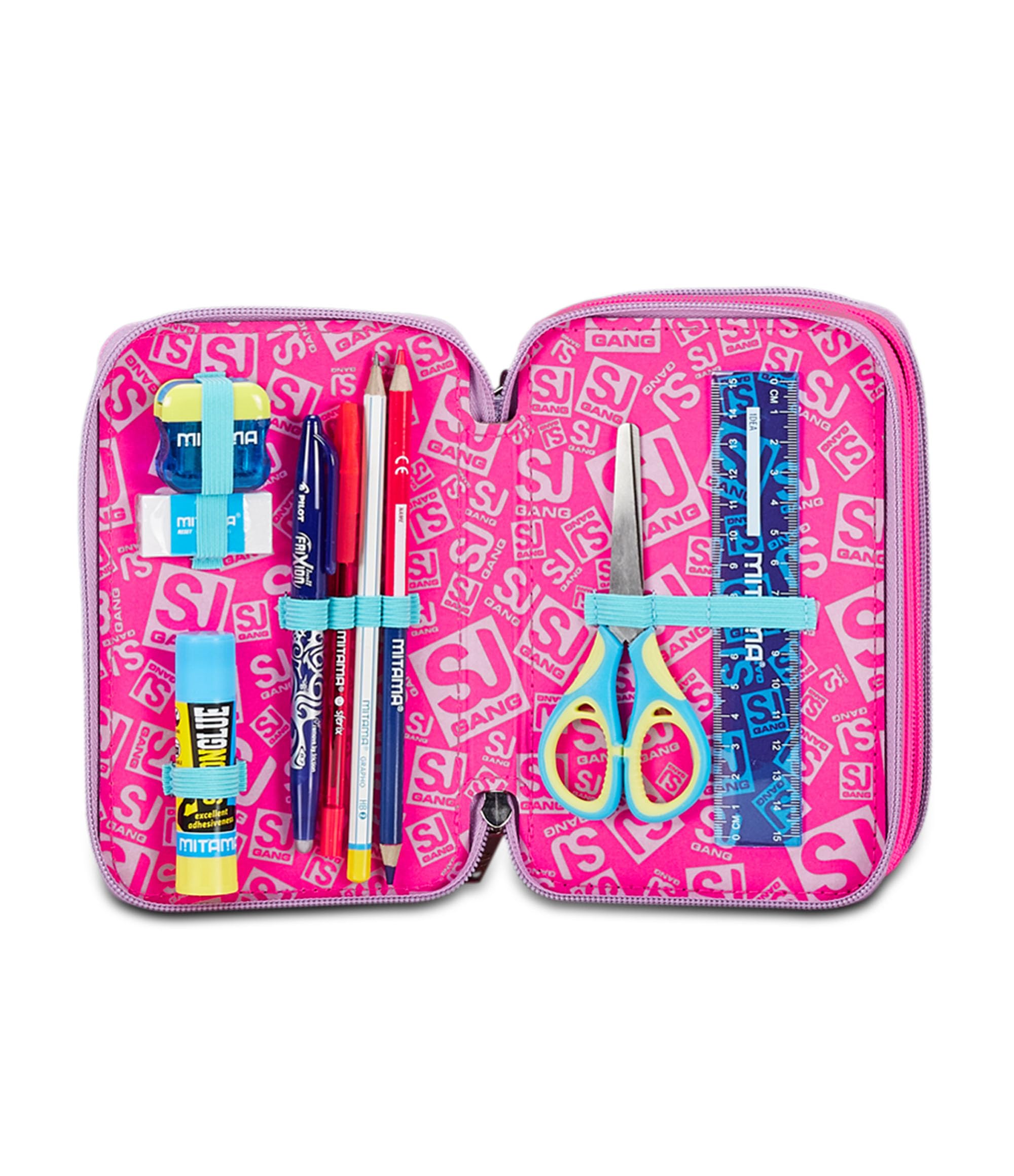 SJ Gang Astuccio Scuola 3 Zip, Rosa, Magicance, Portapenne Triplo Scomparto Completo Di Penne, Matite, Colori, Accessori Zaino, Elementari, Medie, Bambina, 30C202400-376