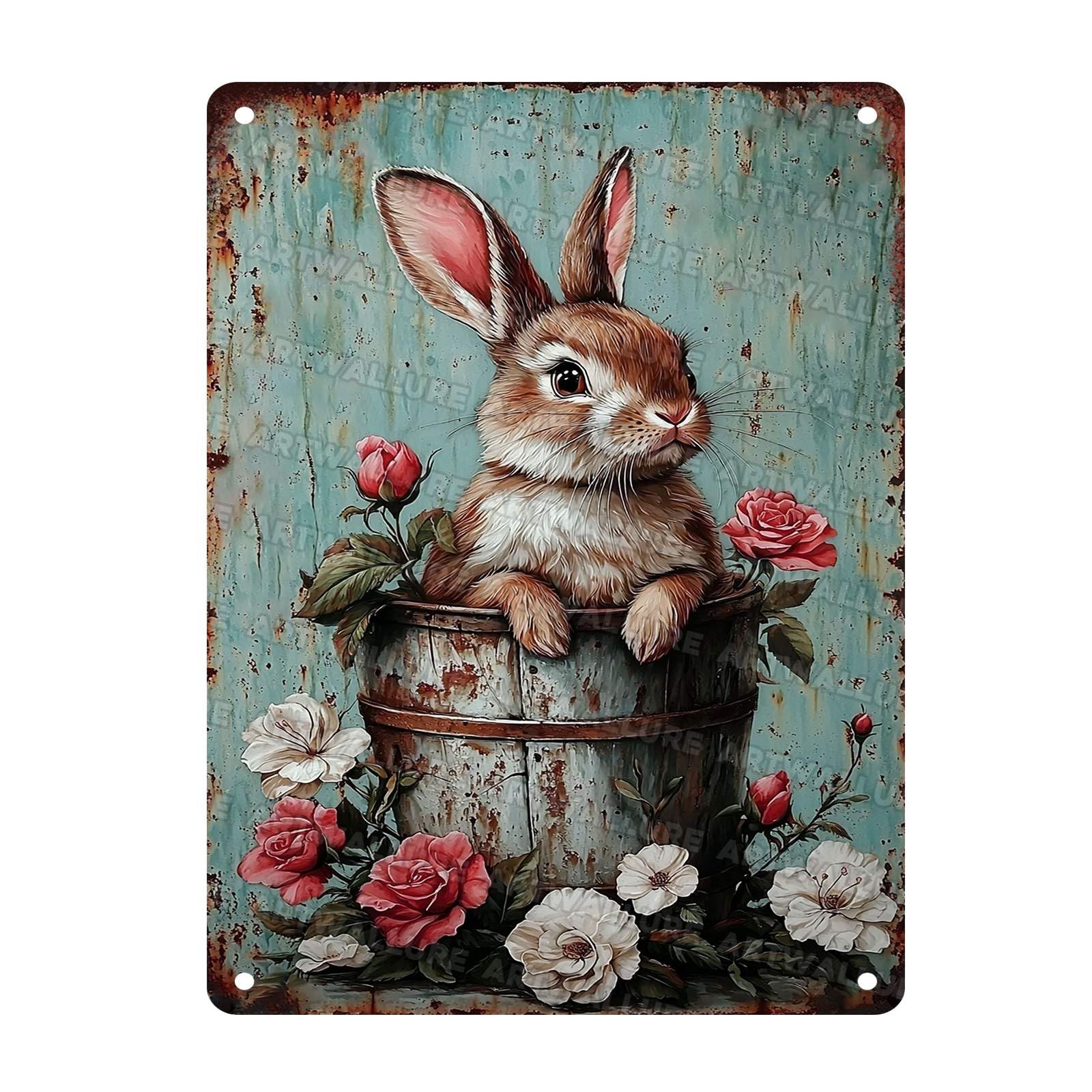 Easter Vintage Rabbit Metal Tin Sign Rustic Bunny Art Sign Farmhouse Decor For Home Garden Garage Garden artistry Decor 12x16Inch