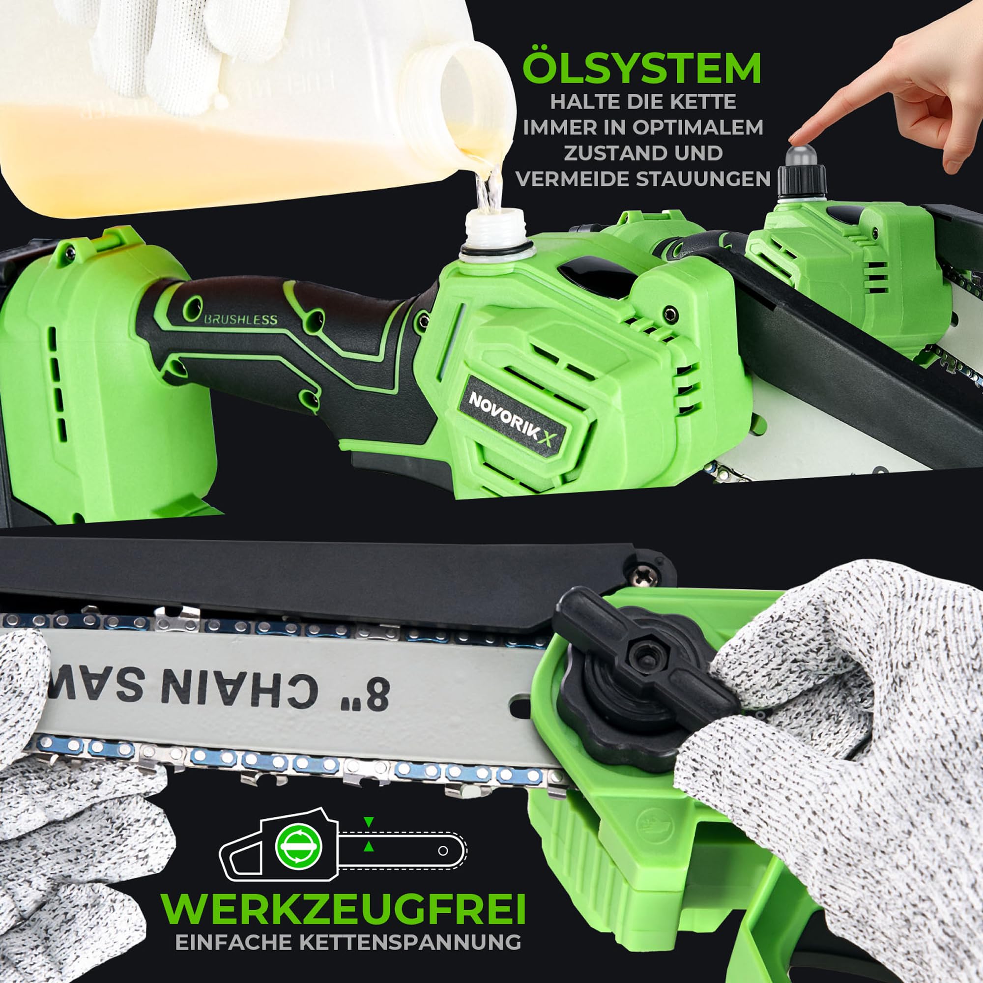 NovorikX 2-in-1 Akku Hochentaster & Kettensäge 20V - Bürstenloser Motor 8 Zoll Astsäge mit 3m Teleskopstiel, 3Ah Akku, Arbeitshöhe bis 4,57m, Teleskop-Kettensäge Set inkl. Schutzausrüstung
