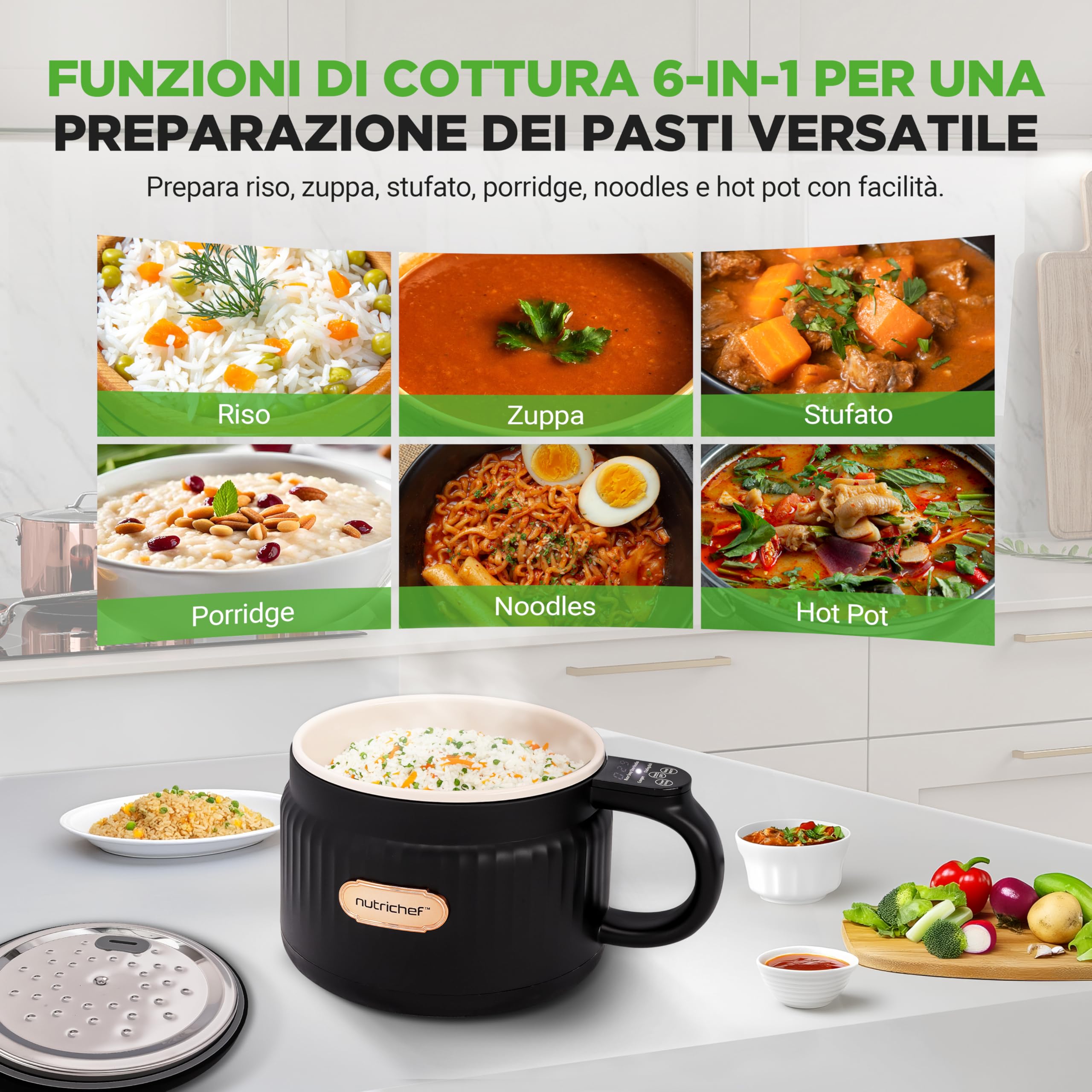 NutriChef Cuoci Riso Elettrico 1,5 Litri, Multi-Funzione con Rivestimento Antiaderente in Ceramica, Pannello Digitale, 6 Funzioni: Riso, Zuppe, Stufati, Porridge Istantaneo, Nero
