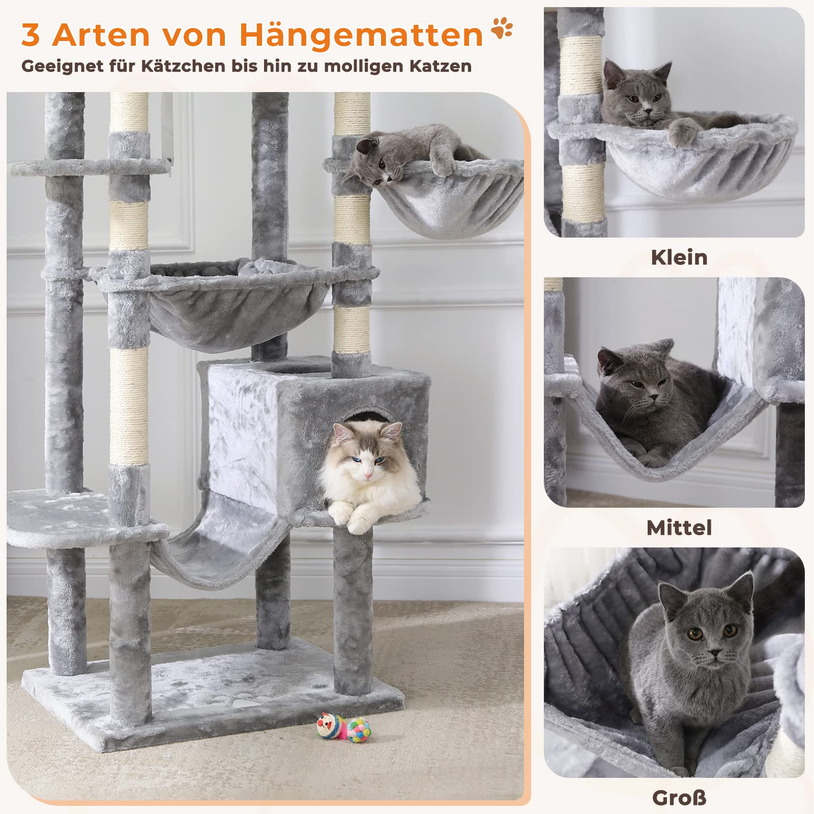 MSmask Kratzbaum groß 193 cm hoch, XXL kratzbaum Grosse Katzen stabil mit 2 Höhlen, 2 Plattformen, Hängematte, katzenbaum mit Mehreren Ebenen, katzenkratzbaum deckenhoch