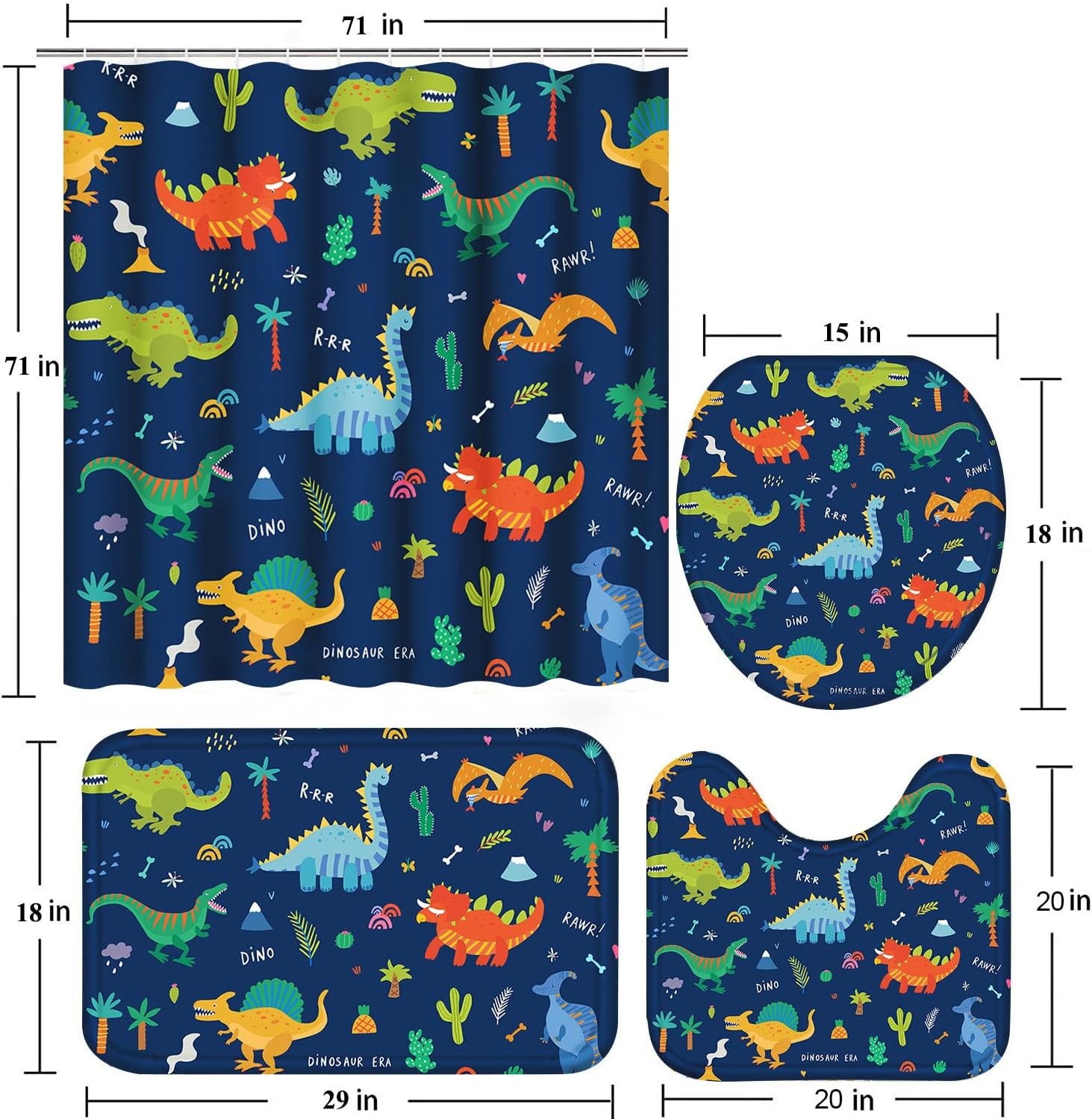 Poedist 4 Pcs Bathroom Shower Curtain Set,Kid's Bathroom Curtain Sets with Rugs(Bath Mat,U Shape and Toilet Lid Cover Mat) and 12 Hooks,Dark Blue Cartoon Dinosaur