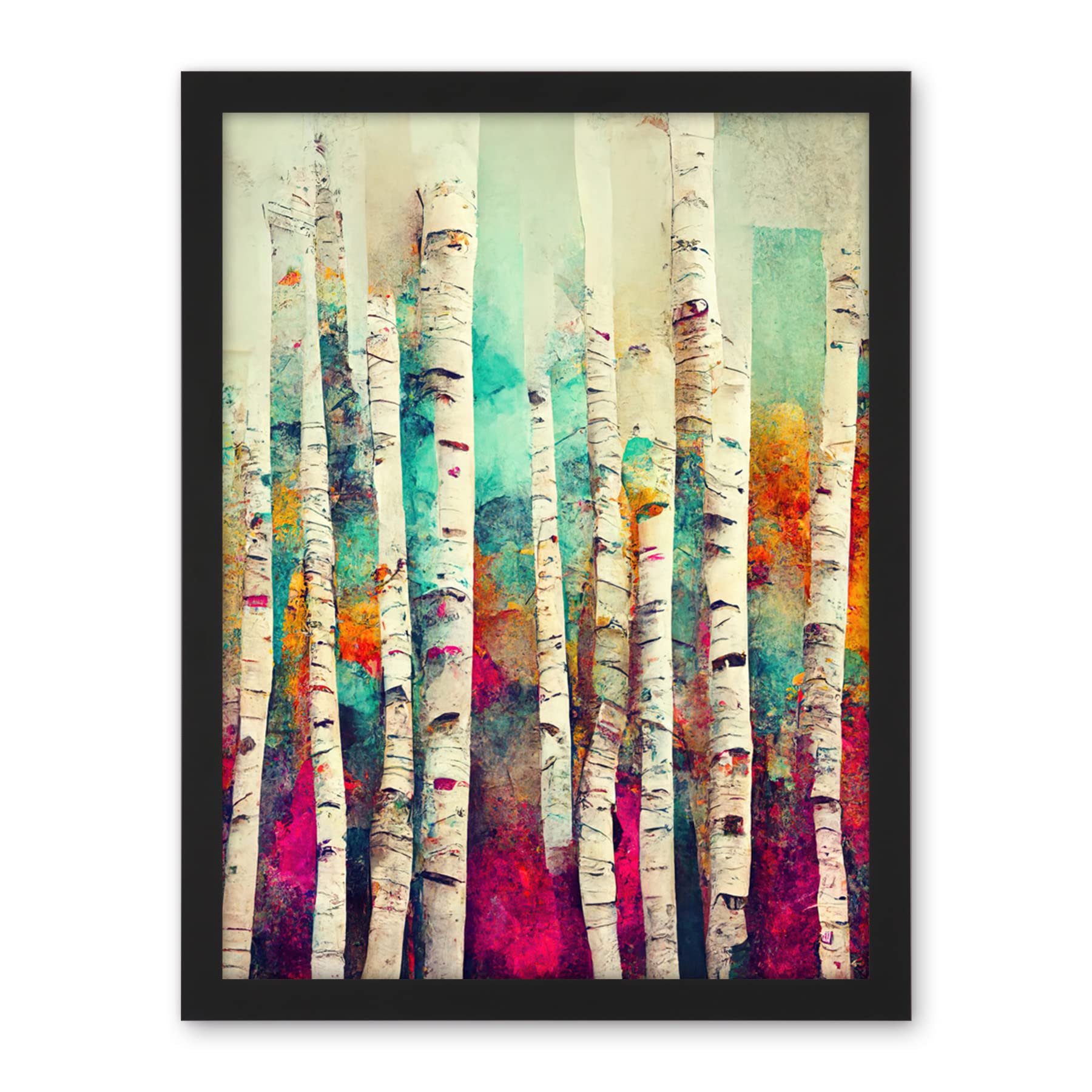 Wee Blue Coo Abstract Multi Coloured Birch Tree Forest Vibrant Colourful Oil Painting Artwork Framed Wall Art Print 18X24 Inch