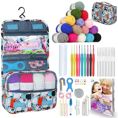 Aeelike Crochet Kit with Bag for Travel, Easy Learn to Crochet Kit for Beginners All Age,69pcs Crochet Starter Kit Include Crocheting Instruction, 21pcs Crochet Hooks,15pcs Yarn and Storage Bag - Blue Cat