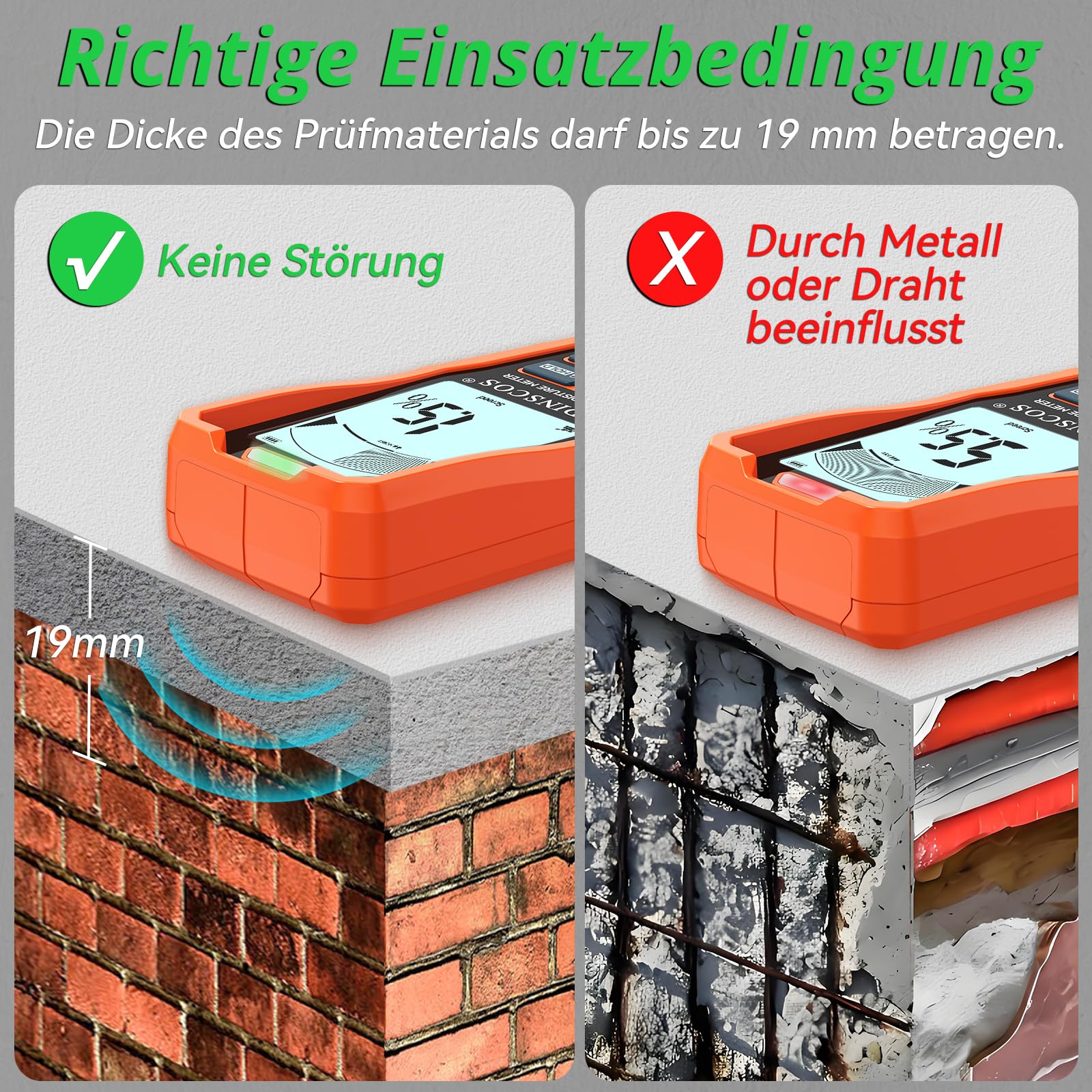 RDINSCOS Feuchtigkeitsmessgerät Wand Feuchtigkeitsprüfer Mauerwerk Feuchtigkeitsmesser Wand Pinless-Messgerät mit 3-Farben LCD Alarmsystem, akustischem Alarm & HOLD-Funktion für Wände Holz