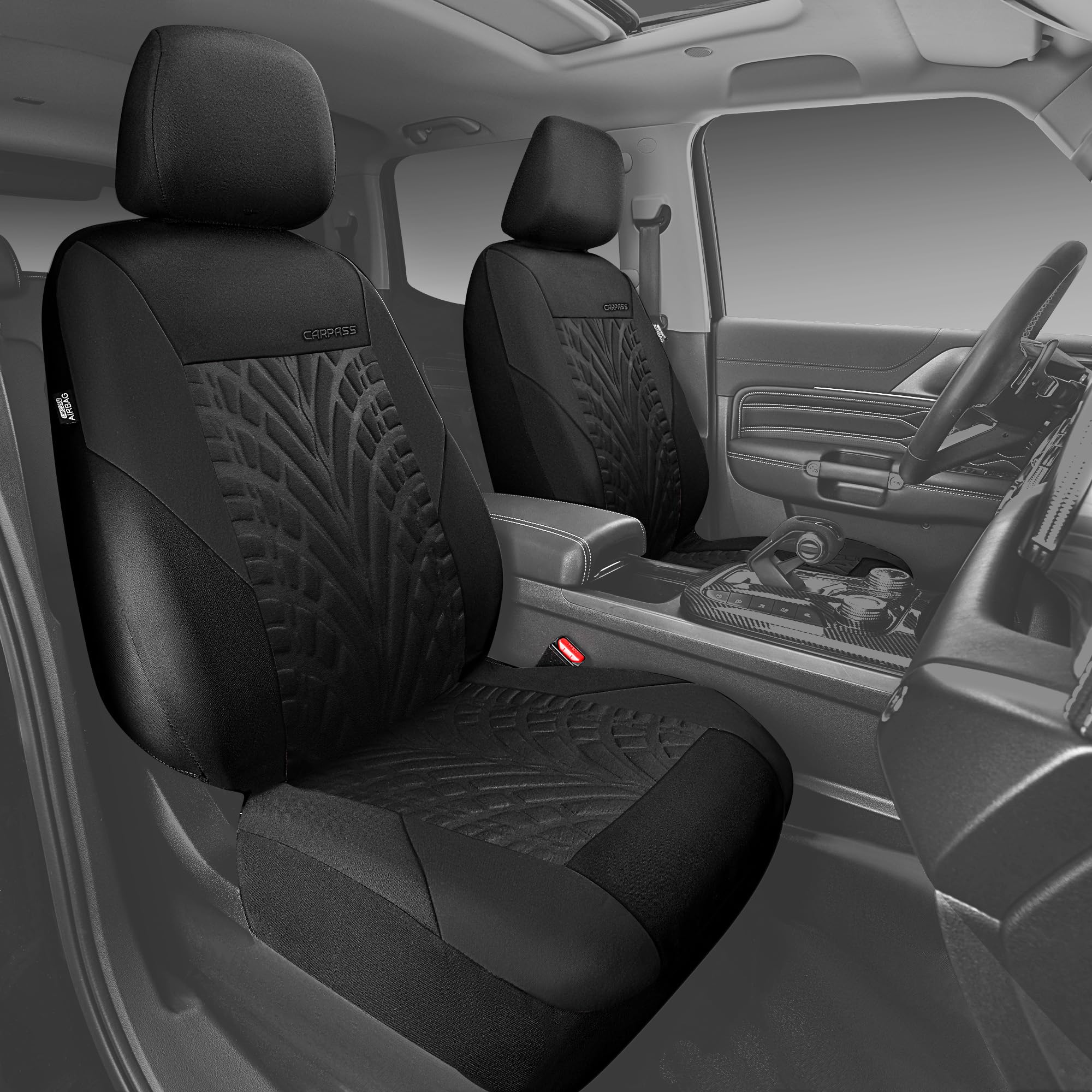 CAR PASS Housses de siège Voiture Avant pour Auto, Camion, SUV, Couvre Siege Auto avec Impression de pneus 3D, Compatibles avec airbags, Installation Rapide (Avant, Noir)