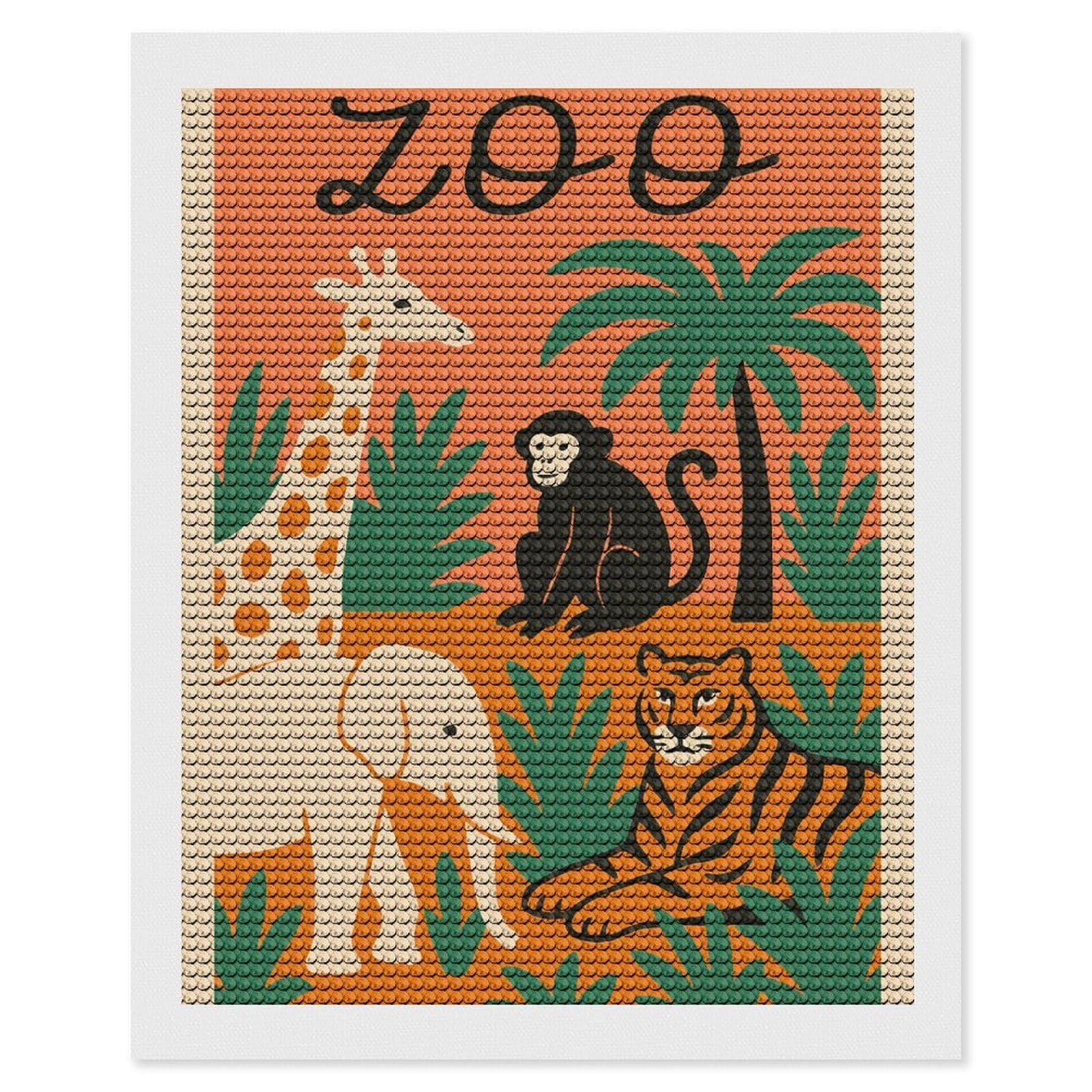 Junmoney Zoo Animals Illustration Diamond Art Kit 16"x20", Modern Decor, Farmhouse Decor, Home Wall Art, Festive Craft Gift, Handmade Wall Decor