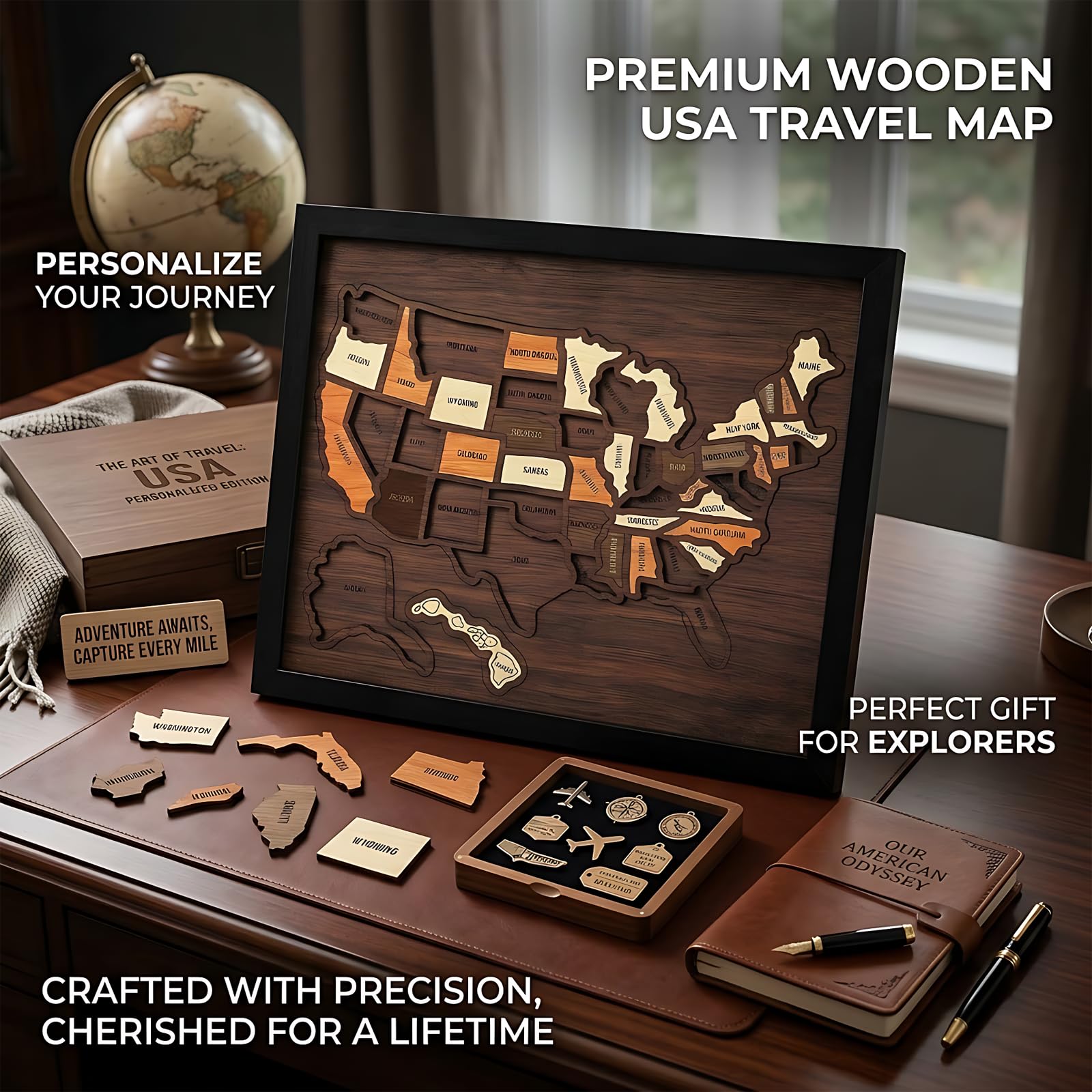 Puzzle carte de voyage USA en bois 30,5 x 25,4 cm 50 états amovibles avec support