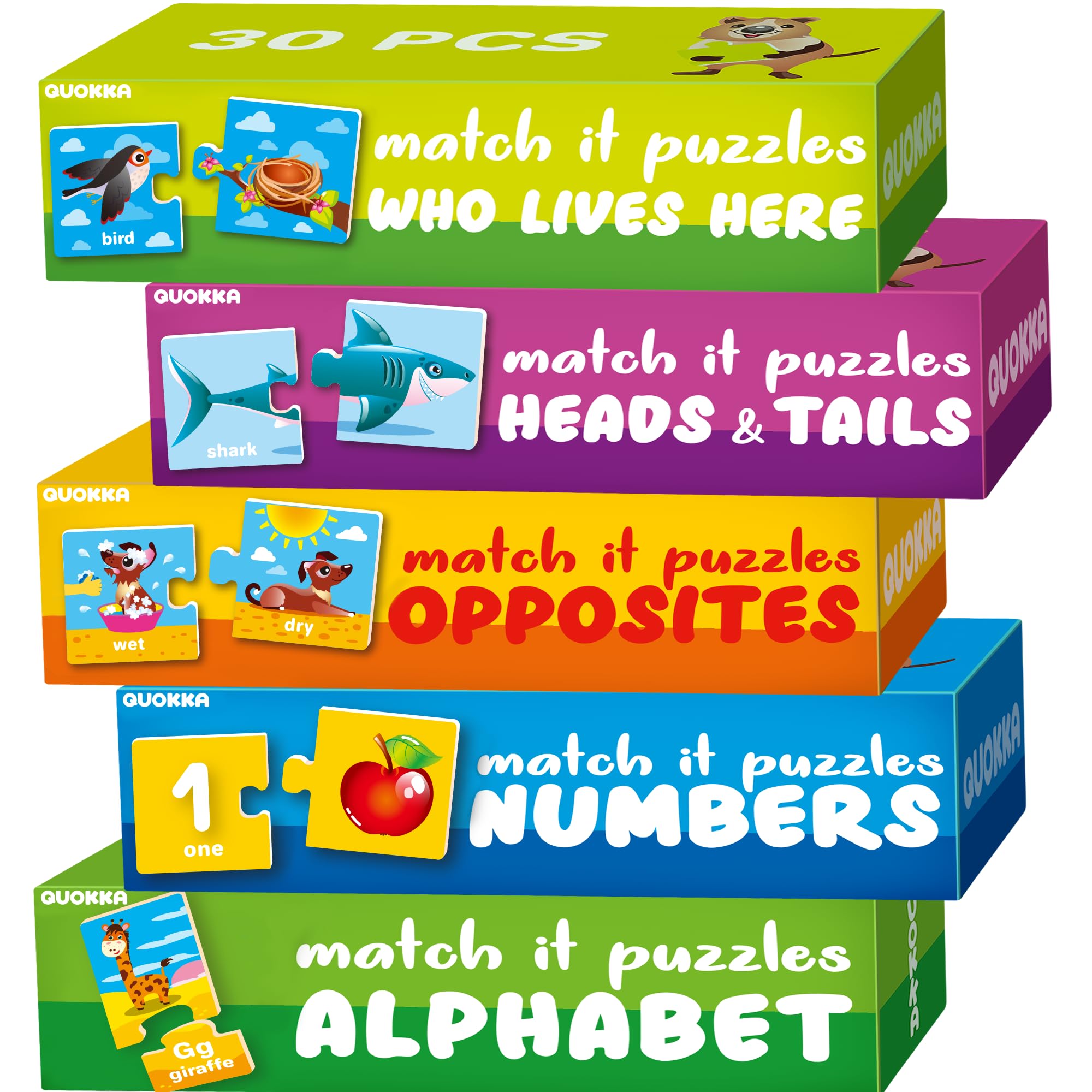 QUOKKAToddler Puzzles For 1 2 Year Olds - 5 SET Puzzle Matching Games - Educational Jigsaw Toy for 2-3 Year Old - Numbers Animals Opposites ABC Learning Resources for Toddlers - Game for Boy & Girl