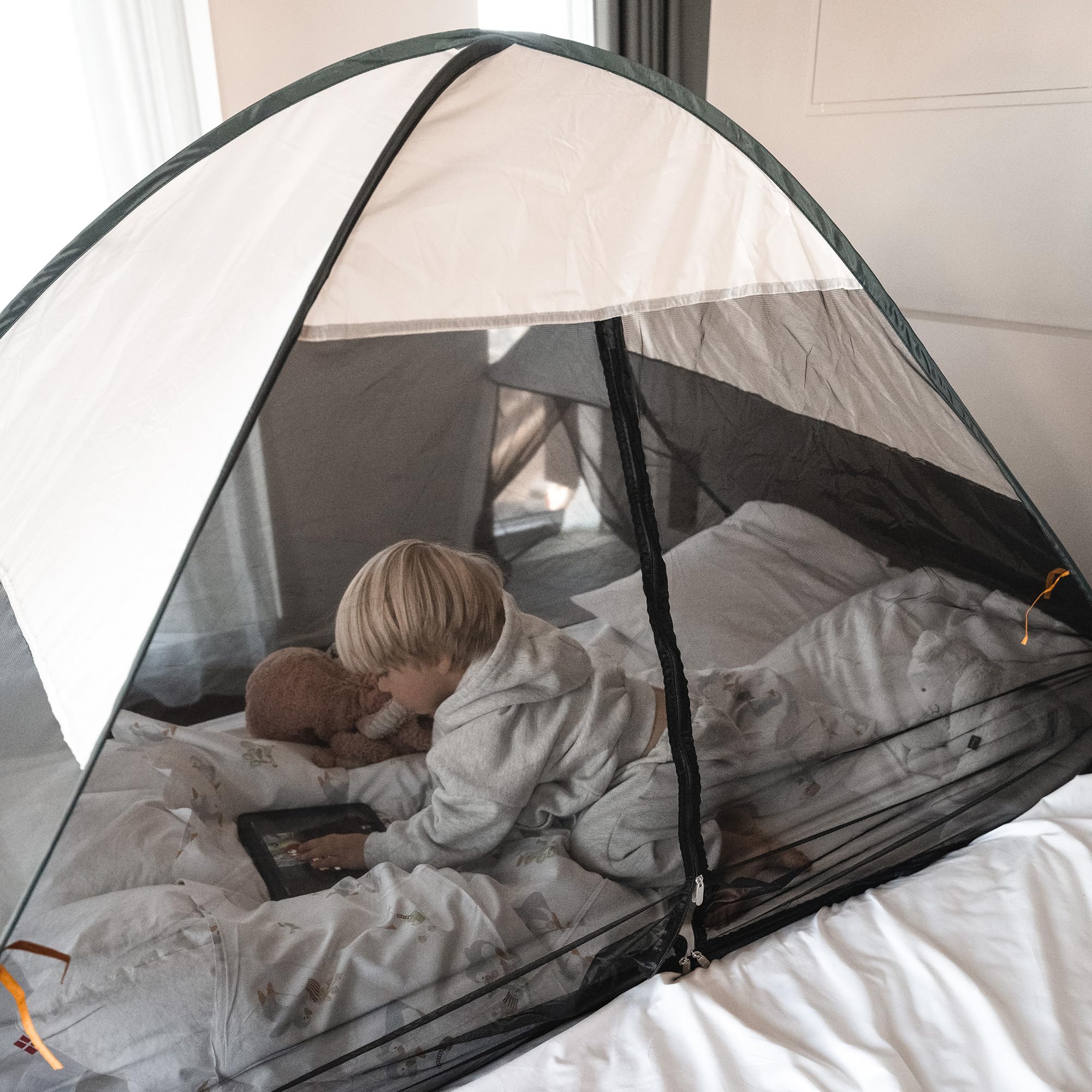 Deryan, System do spania 200 x 90 cm moskitiera 1 mm chroni śpiące dziecko przed owadami, w tym torba do przenoszenia, kremowa (pop-up)