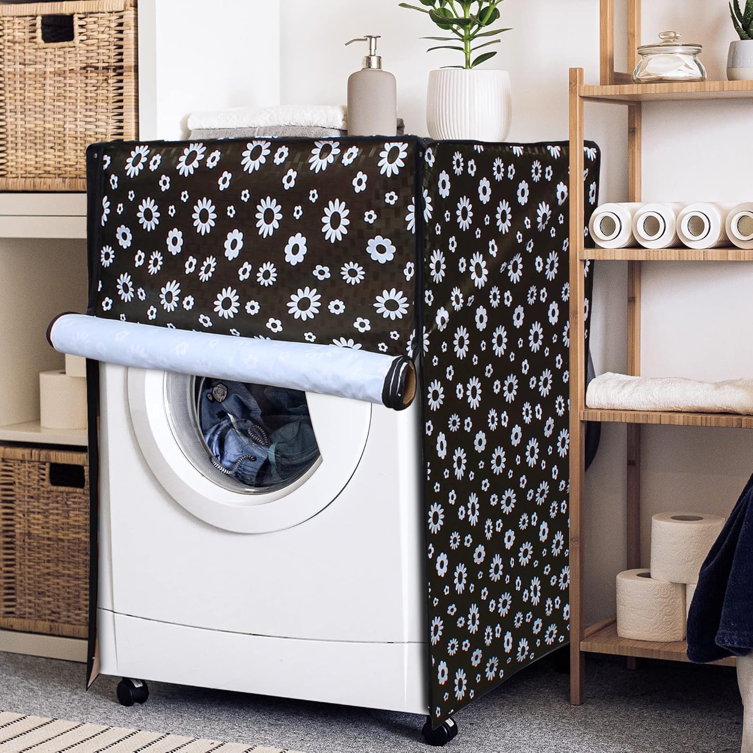 Black Floral Print Pvc Waterproof & Dust-Proof Front Load Automatic Decorative Washing Machine Cover for 6 kg, 6.5 Kg, 7 Kg & 7.5 Kg (Black, Pack of 1, Front Load)