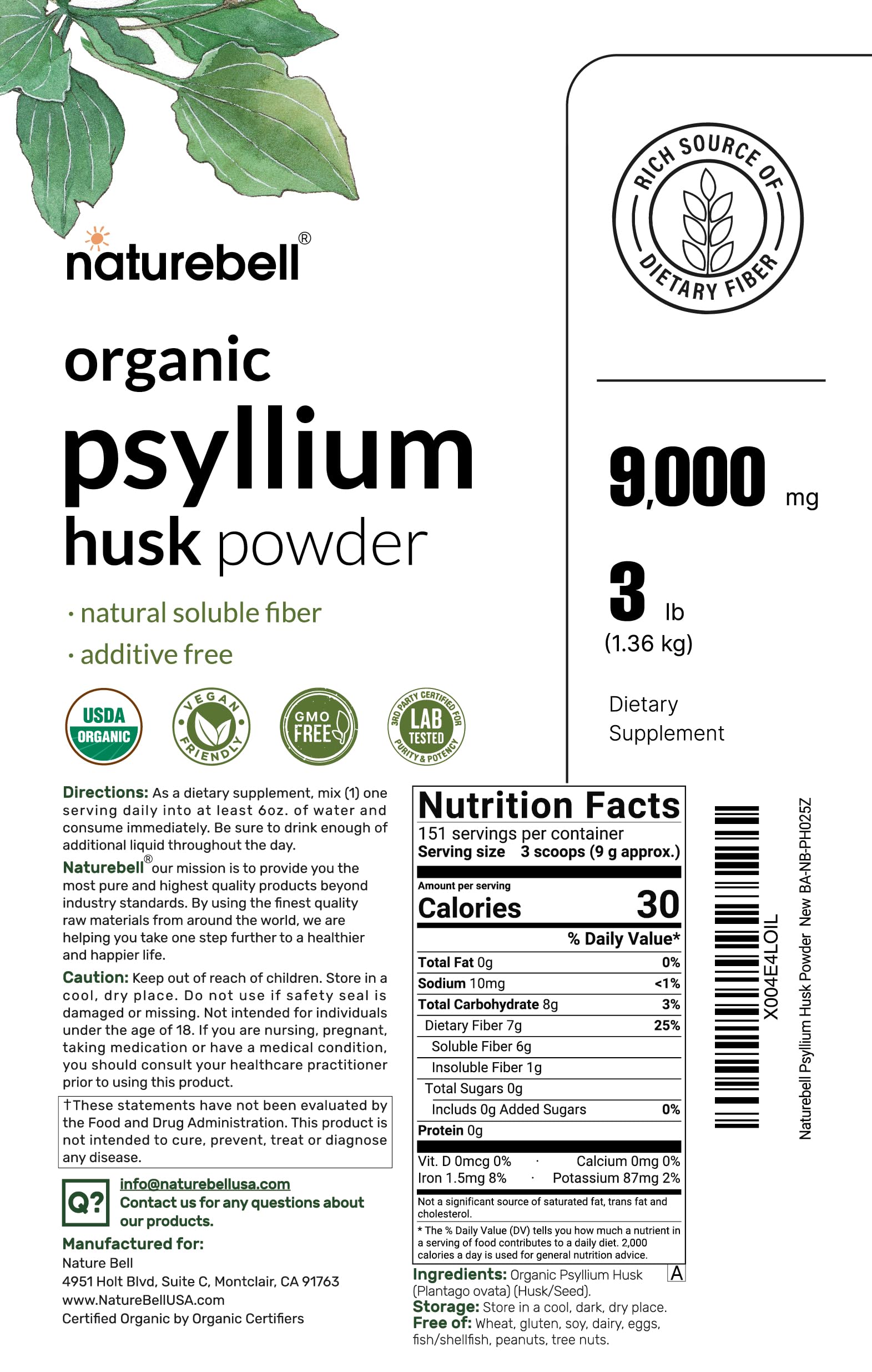 NatureBell Psyllium Husk Fiber Supplement, 9g Per Serving, 3lb (48oz) Powder | Organic Soluble Fiber for Digestive & Gut Health | Plant-Based, Unflavored, Non-GMO, Gluten-Free* — Amazon image 2