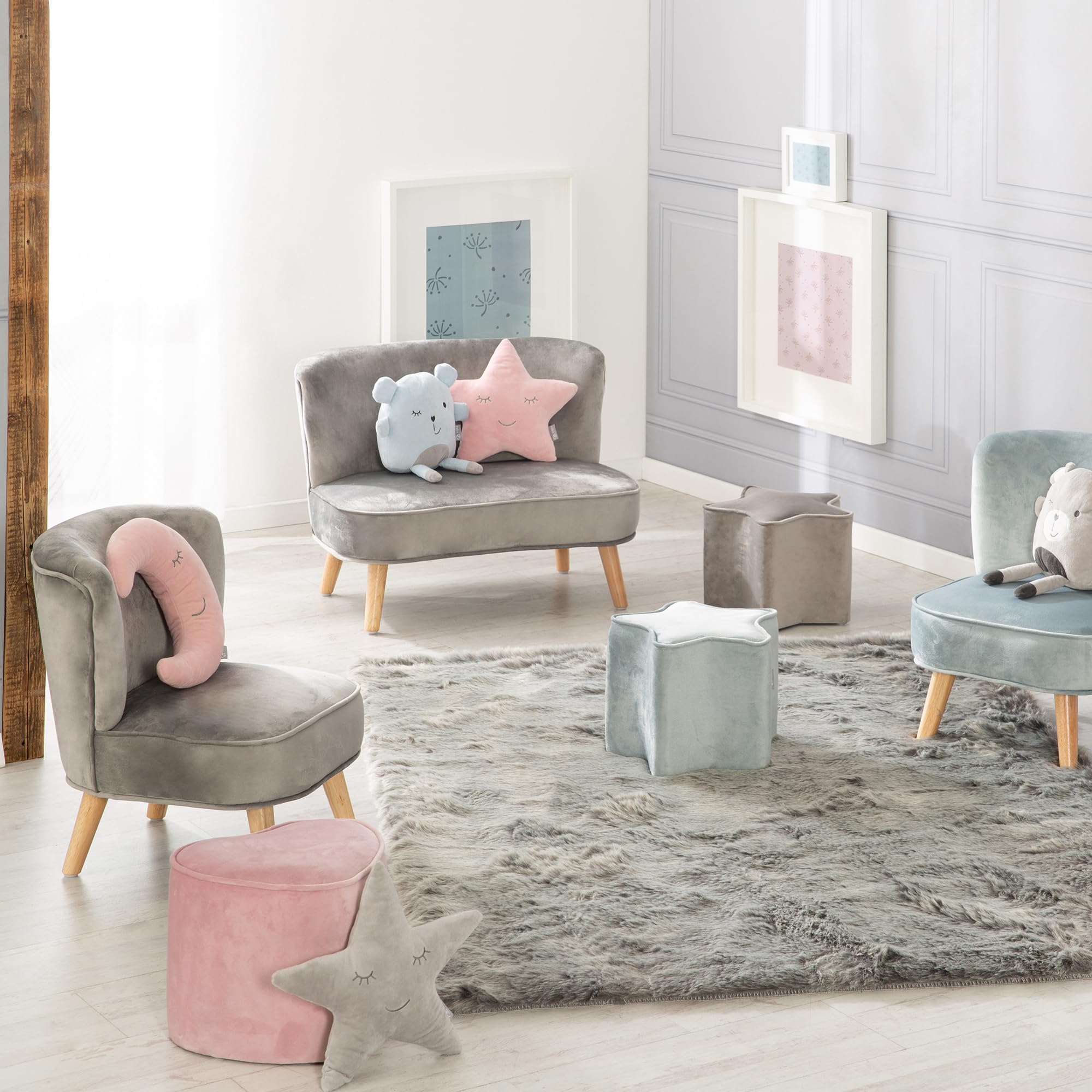 roba Fotel dziecięcy Lil Sofa - Wygodny fotel dla dziewcząt i chłopców - Stabilne drewniane nogi - Do pokoju niemowlęcego i dziecięcego - Materiał z weluru - Szary