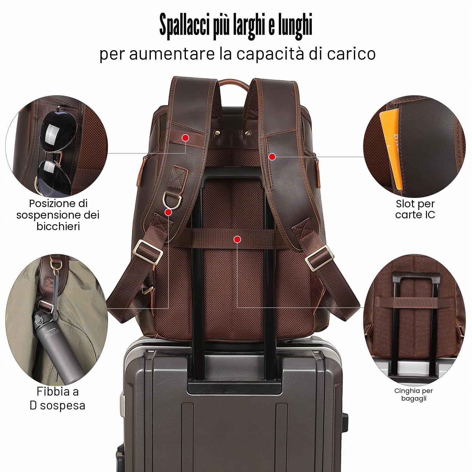 TIDING Grande Zaino da Viaggio Uomo con Porta Laptop 15.6 Pollici in Vera Pelle Vintage Zaino Business per Escursionismo e Trekking, Marrone