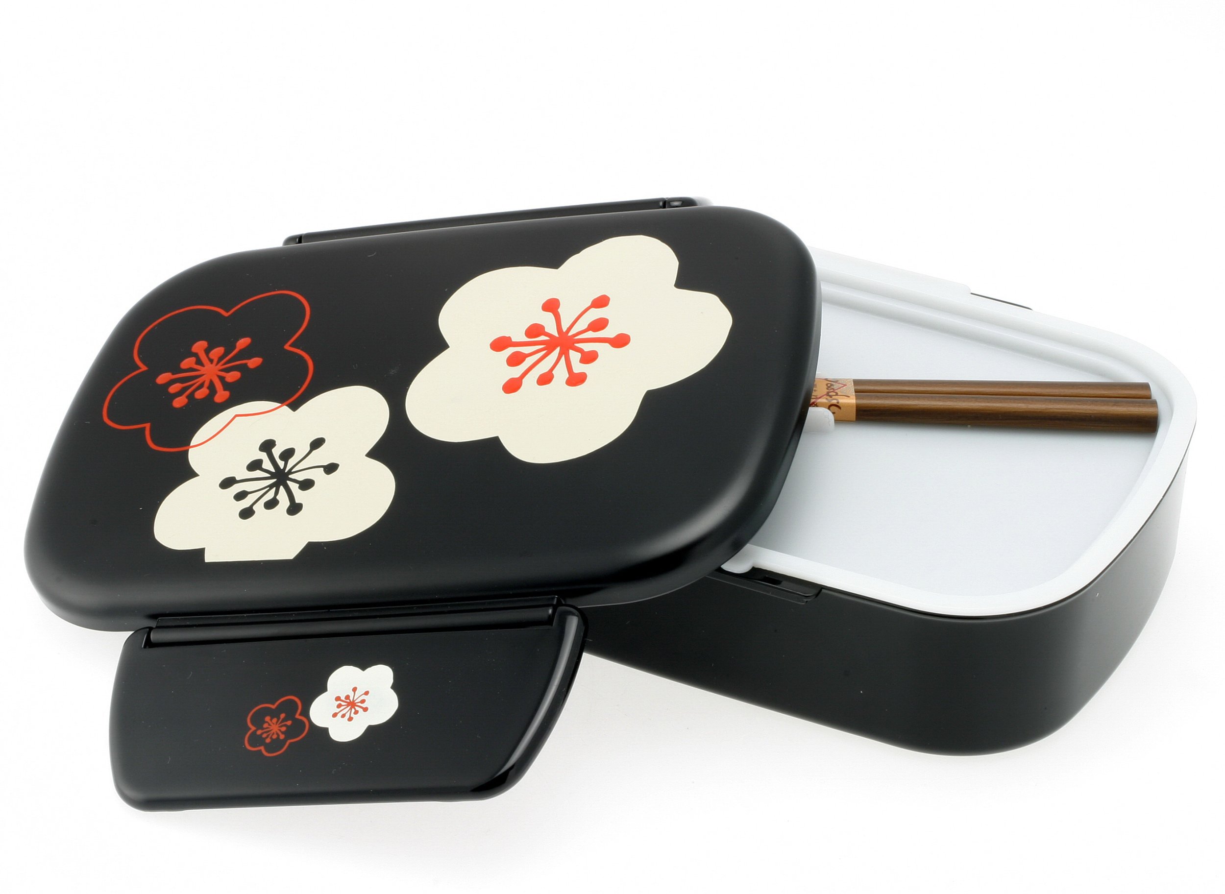 Kotobuki 2-Tiered Bento Box, Black with Flower Blossoms and Snap Lid