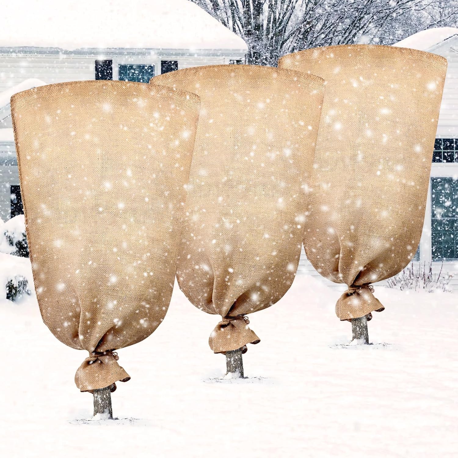Legigo 3 Pack 45 X 70 Inch Burlap Plant Covers Freeze Protection Bags, Large Winter Plant Frost Covers with Drawstring, Reusable Tree Covers Burlap Frost Cloths Protection for Outdoor Plants Shrubs 3 45 X 70 Inch