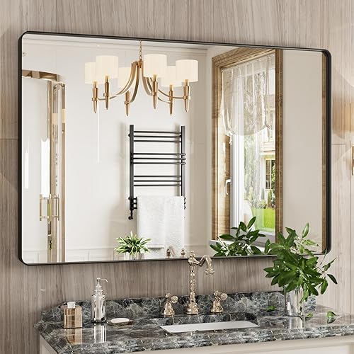 Miniatura 121 de Espejo de baño dorado, 48 x 30 pulgadas, espejo de marco de metal dorado cepillado para pared, espejo rectangular redondeado de tocador de baño