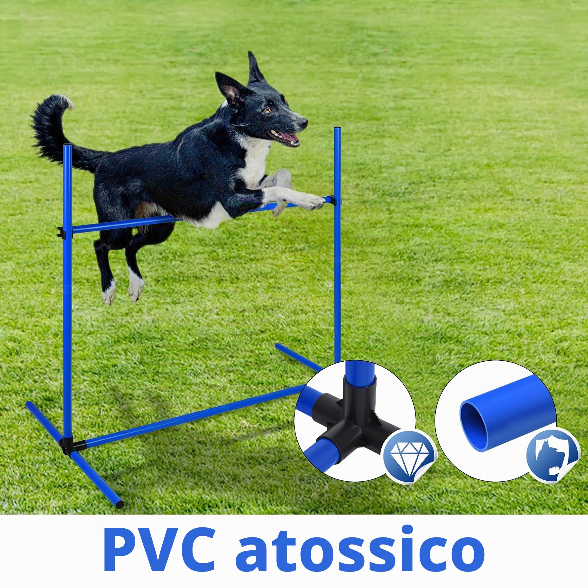FIVMEN Set di 4 aste da slalom per cani, in plastica, regolabili in altezza, per hobby, cavallo, ostacoli con borsa per il trasporto per cani, blu