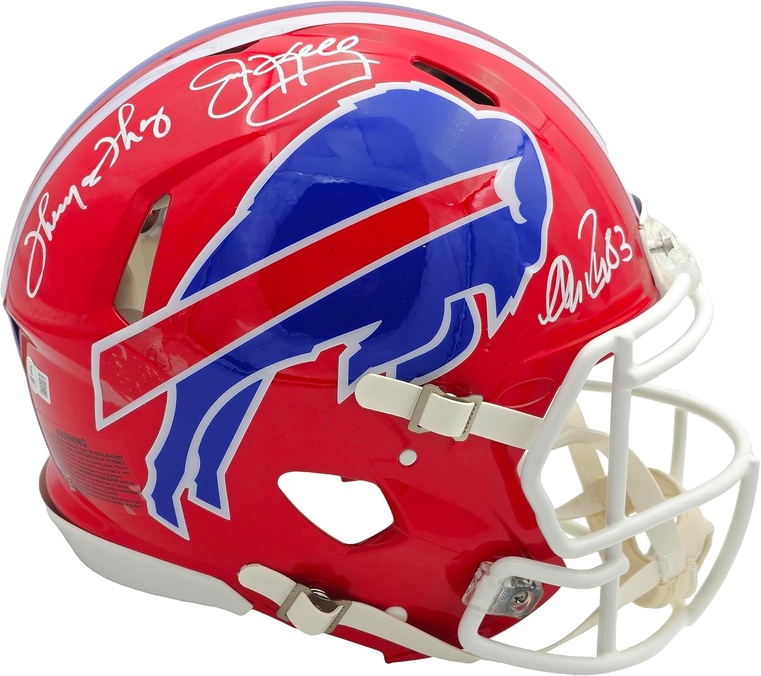 Jim Kelly, Thurman Thomas & Andre Reed Autographed Team Greats Red 1987-01 Throwback Full Size Speed Authentic Football Helmet Beckett BAS Witness Stock #236169