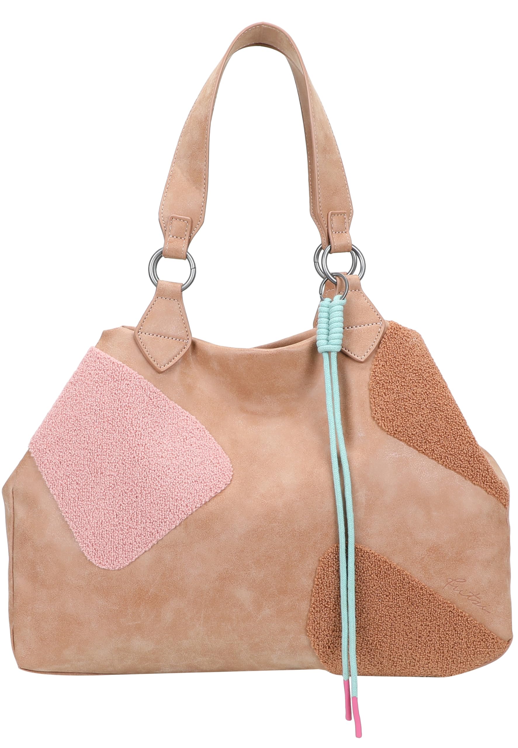 Fritzi Izzy Medium Limited Happy Flocked Shopper Kunstleder Damen Handtasche Festival City vegan Flockdetails Kordelanhänger 29 x 42 x 15 cm – Braun, Pink, Grün, Beige