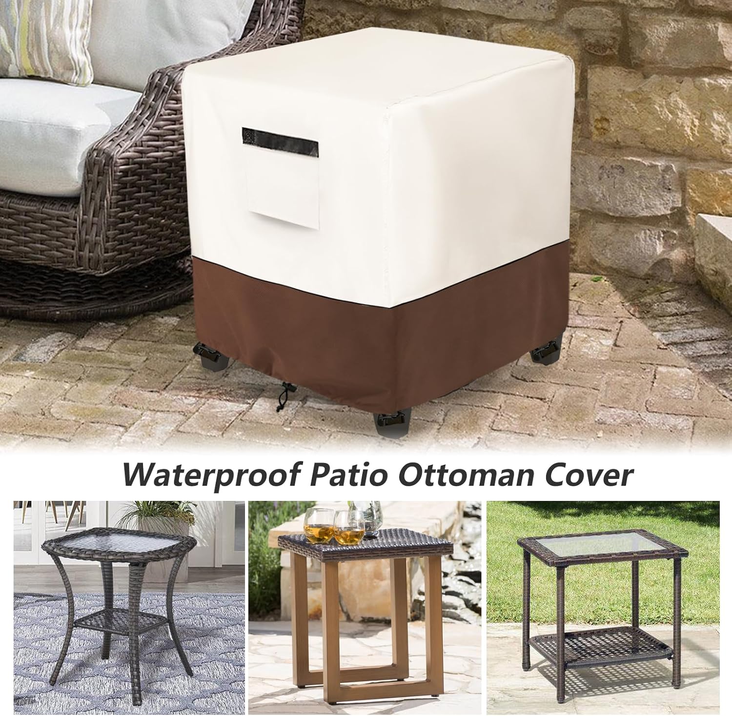 Waterproof Patio Ottoman Cover,Square Patio Small Side Table Cover,Heavy Duty Outdoor Furniture Cover Size 22L x 22W x 18H inch(Beige&Brown)