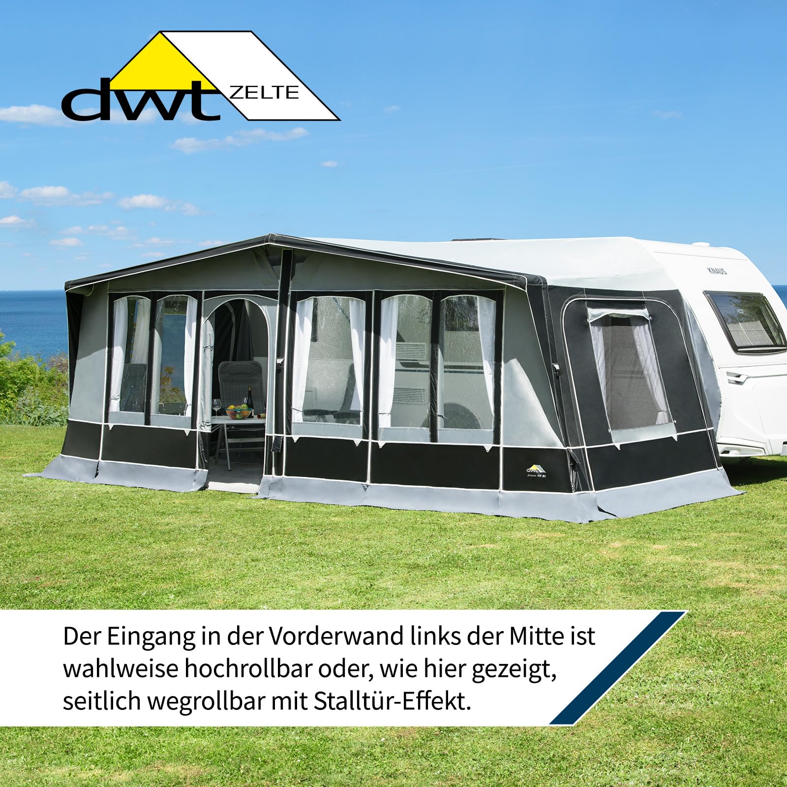 DWT aufblasbares Vorzelt für Wohnwagen - Prime Air II - herausnehmbare Vorder- und Seitenwände - Ganzzelt 240 cm Tiefe - Air-In-System