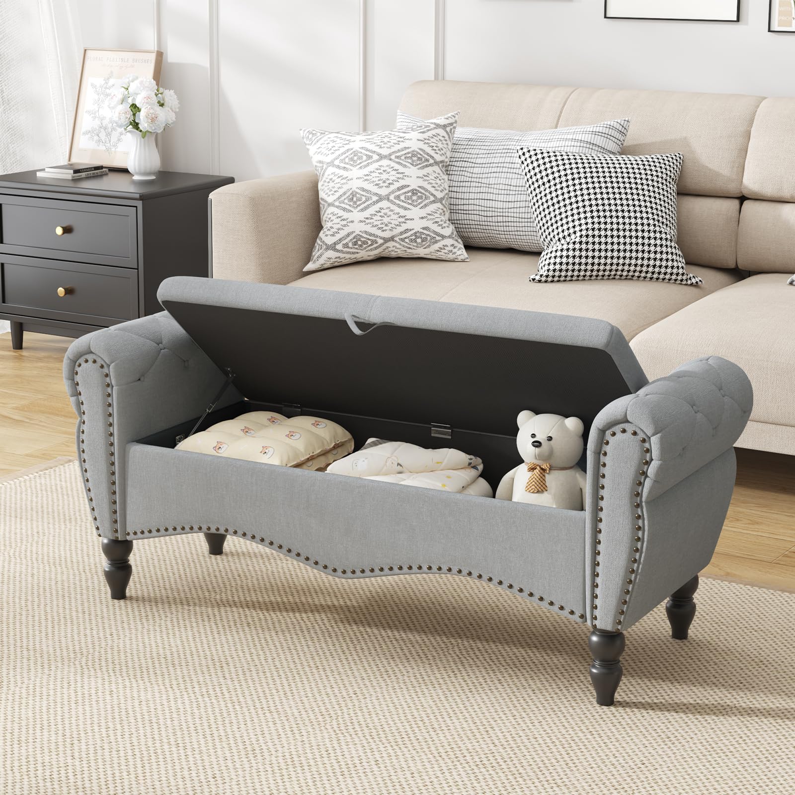 Furniliving Storage Ottoman Bench, Leather Benches End of Bed Bench with Solid Wood Legs Upholstered Ottoman Bench with Storage Indoor Bench for Living Room with Rolled Arm, Entryway, YellowBrown: Grey-1 51-inch