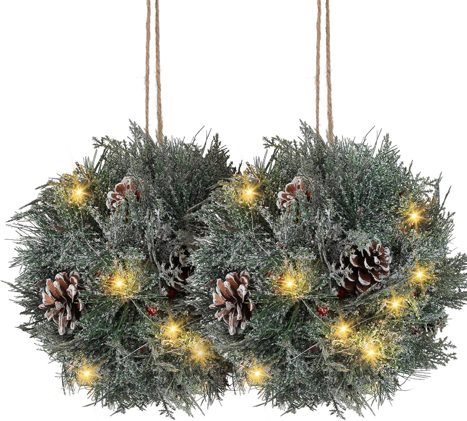 Sosation 2 Pcs 10 Inch Prelit Artificial Christmas Kissing Ball Decoration with Hanging Pine Cones, Frosted Branches and Berries for Home and Party Decor