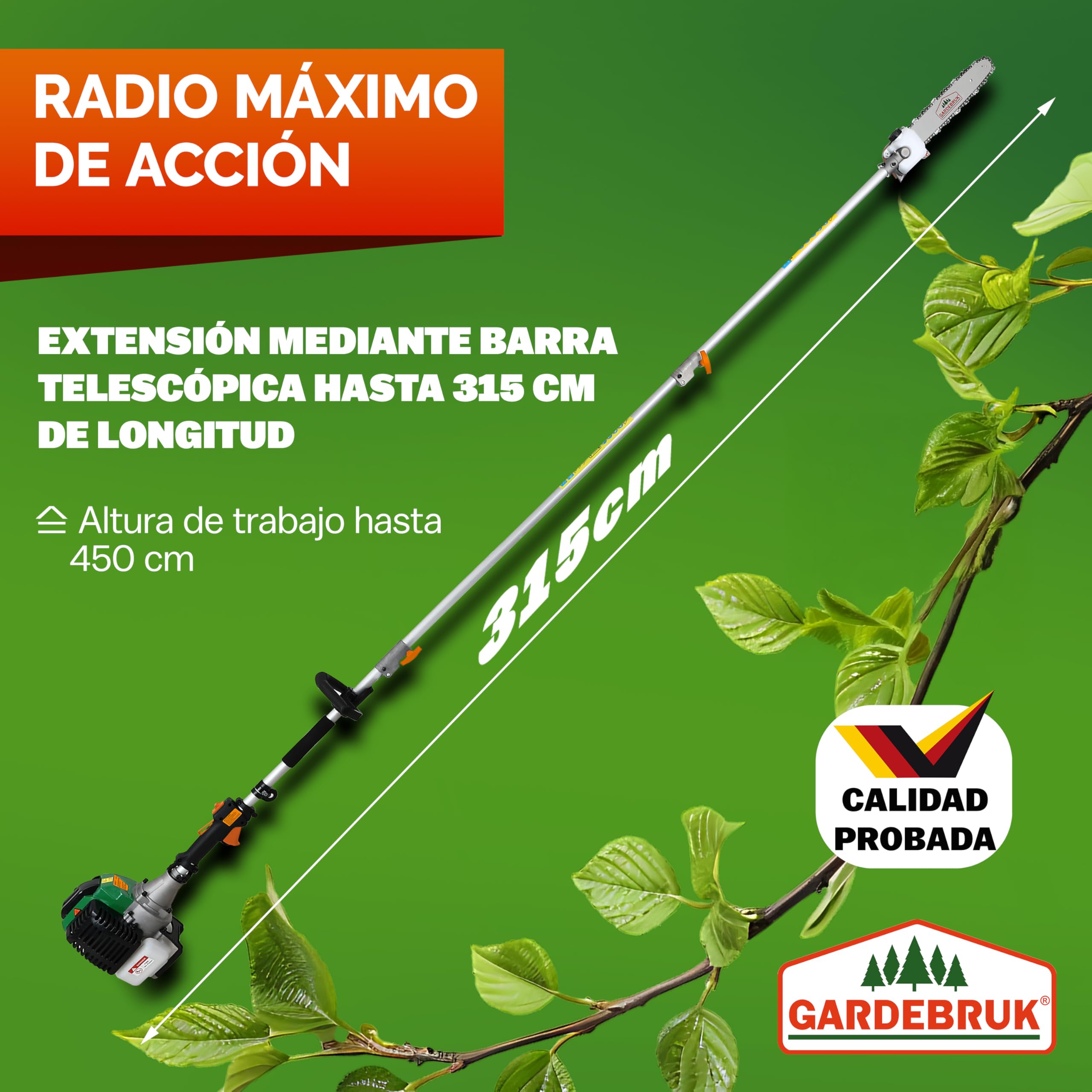 GARDEBRUK® Desbrozadora Gasolina Multifunción 5en1 Cortasetos Portátil Podadora Extensión 1m Motor 2 Tiempos 52 CC Correa Hombro Ajustable Mango Largo