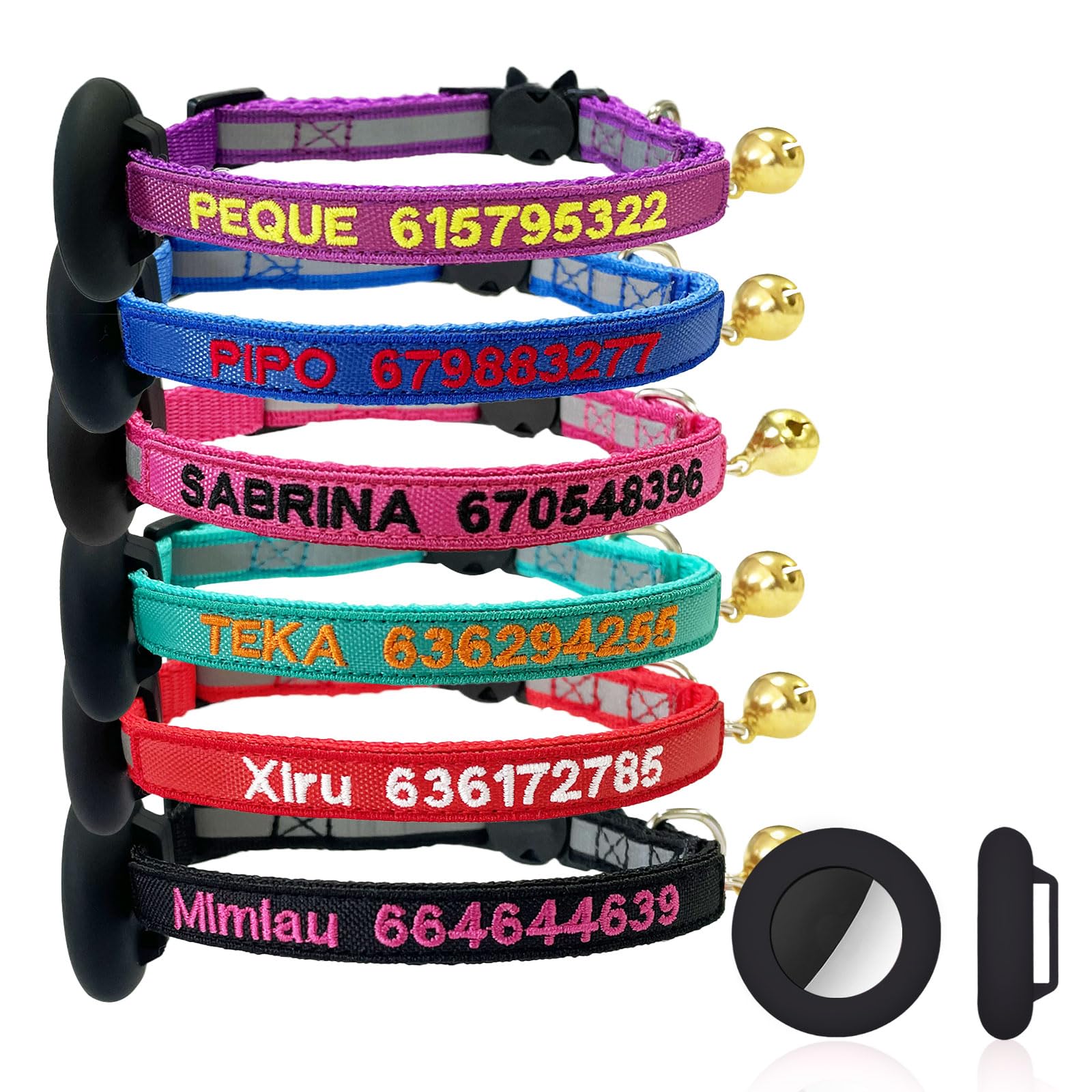 Collar reflectante de nailon para gato, bordado personalizado, nombre y número de teléfono personalizables, collar antipérdida (funda de silicona)