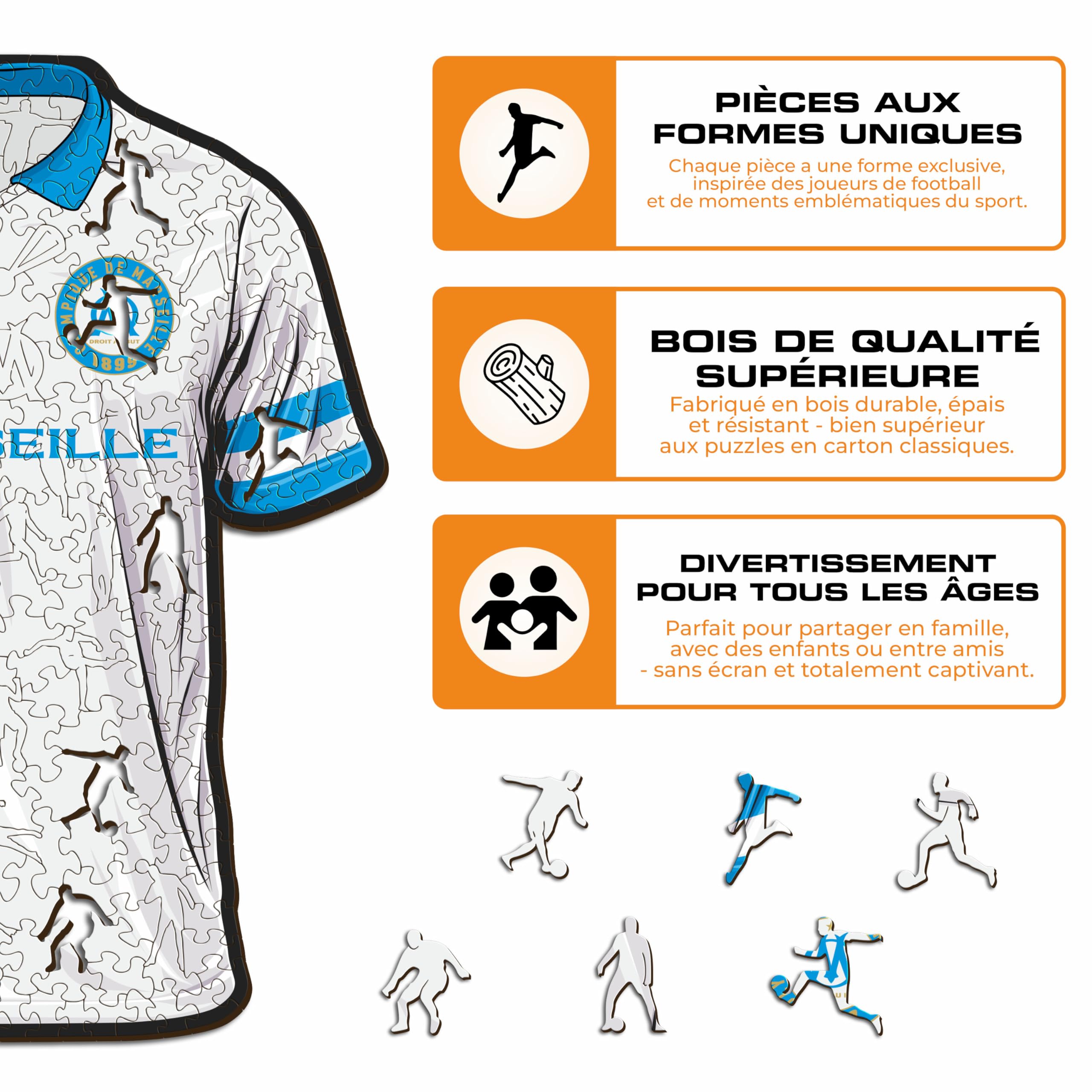 Iconic Puzzles, Maillot Marseille, Puzzle en bois 100% éco-durable avec licience officielle, taille L, 500 pièces